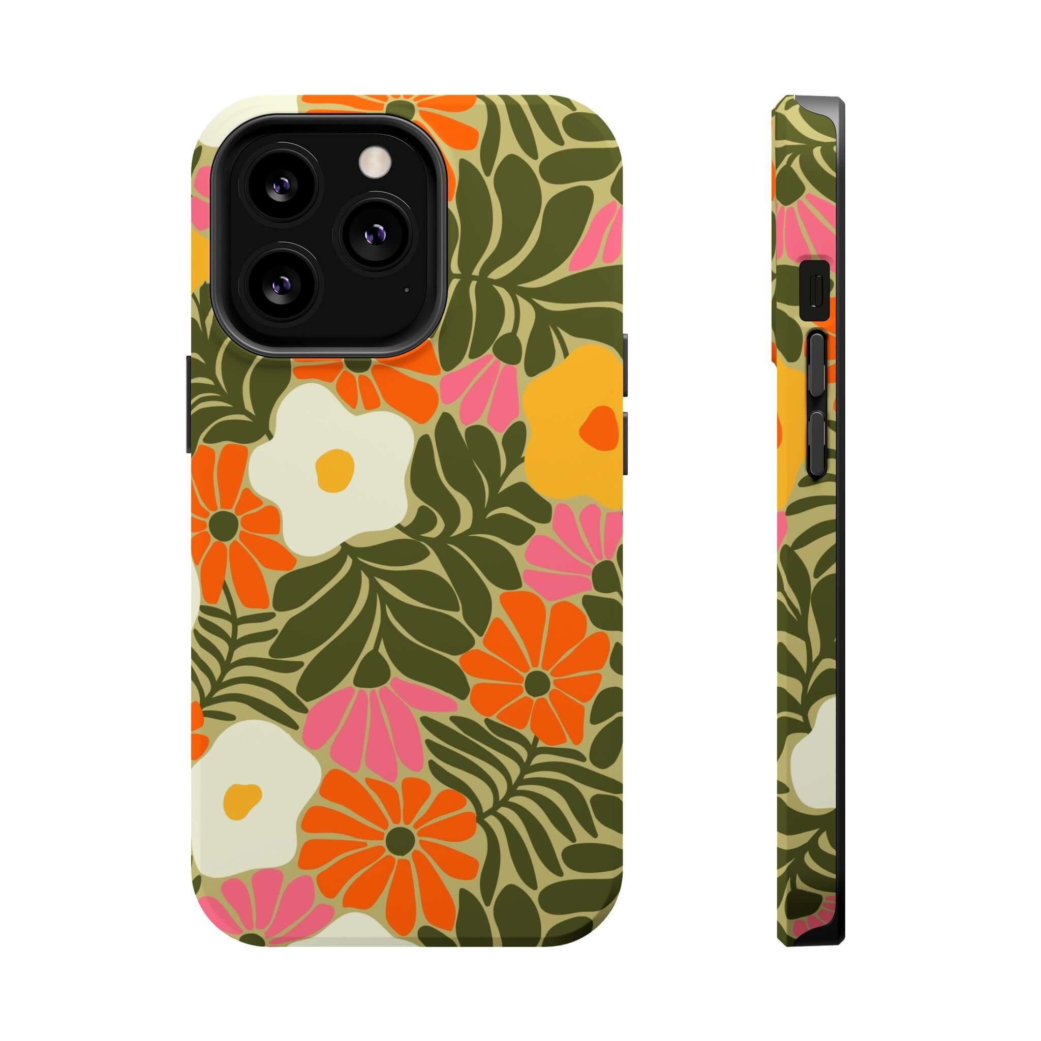 Retro floral iPhone case featuring vibrant colors and tropical flowers, perfect cute phone cover for beach vibes.