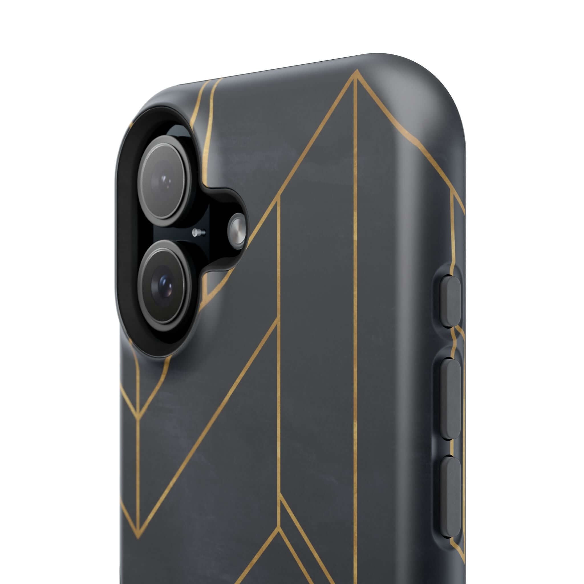 Modern geometric black iPhone case with gold lines, abstract and colorful design, cute phone case enhancing urban style.