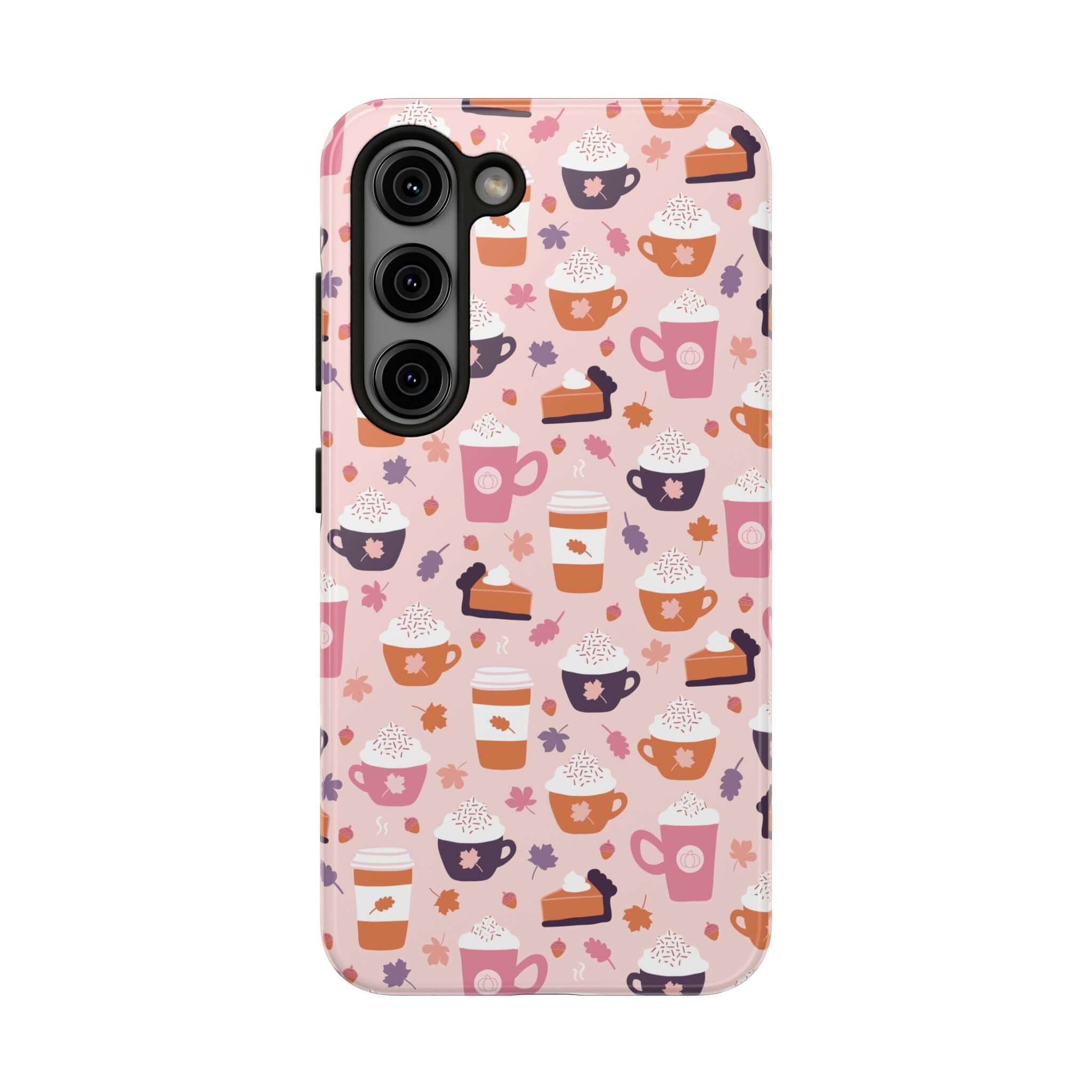 Cute iPhone 15 case with fall-themed pumpkin spice design, featuring cups and leaves, perfect for PSL lovers and phone protection.