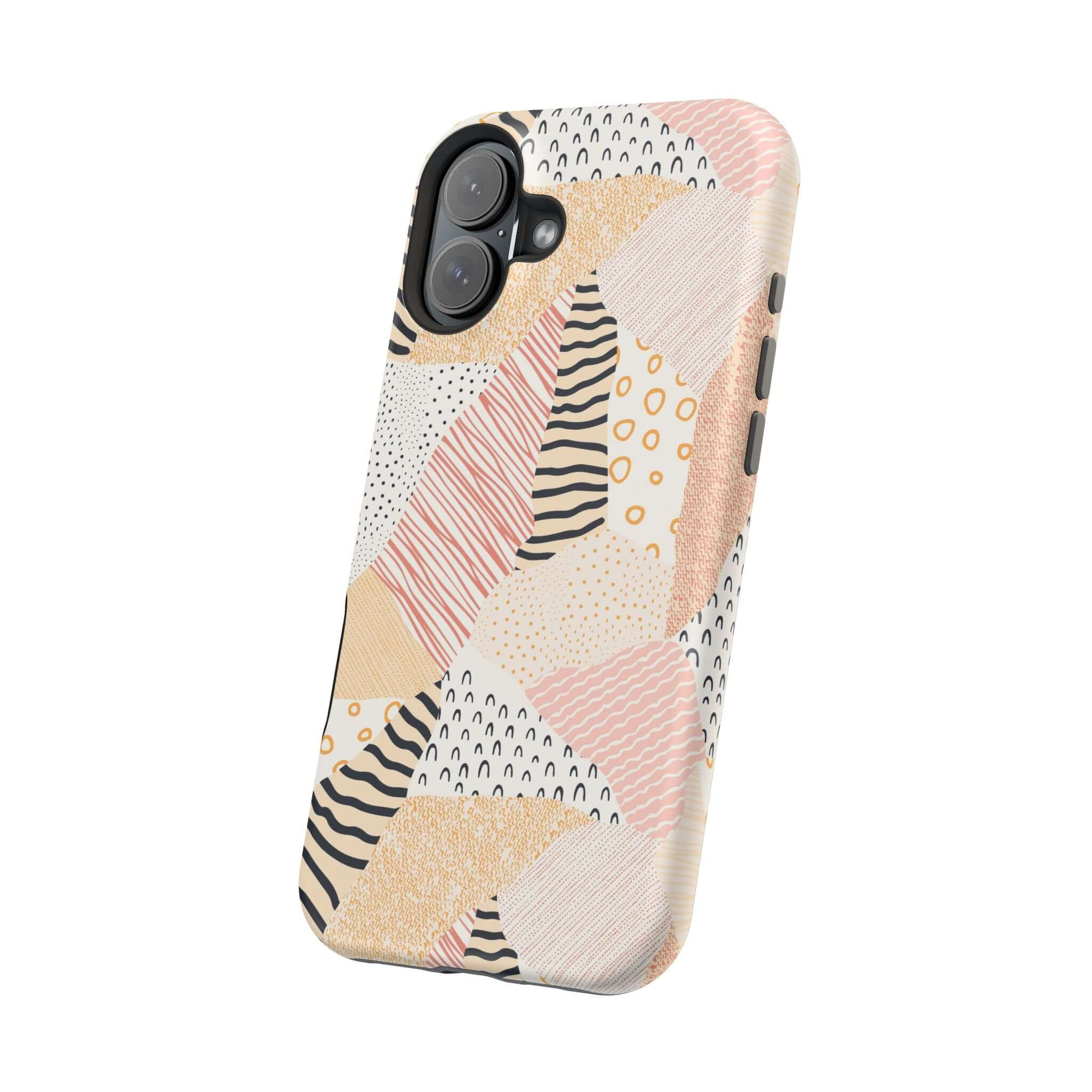 Cute peach-colored pastel patchwork phone case for iPhone 16, featuring vibrant colors and patterns to brighten your device.