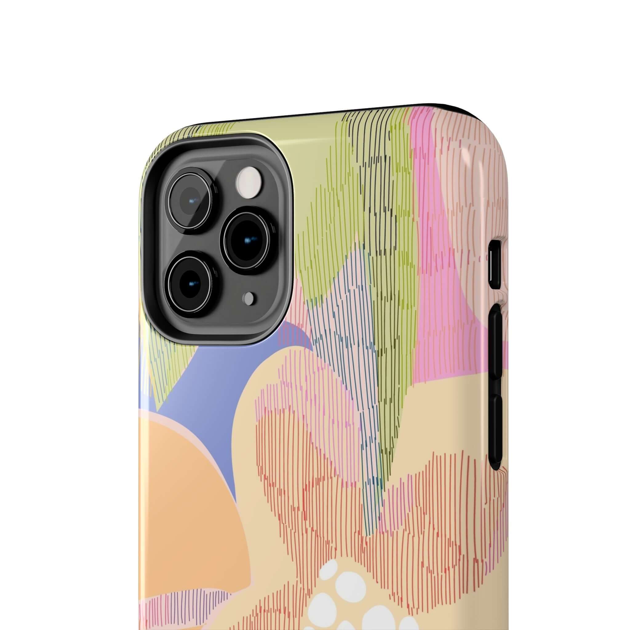 Colorful iPhone 14 Pro Max case with abstract floral design, featuring vibrant palm trees and a cute protective aesthetic.