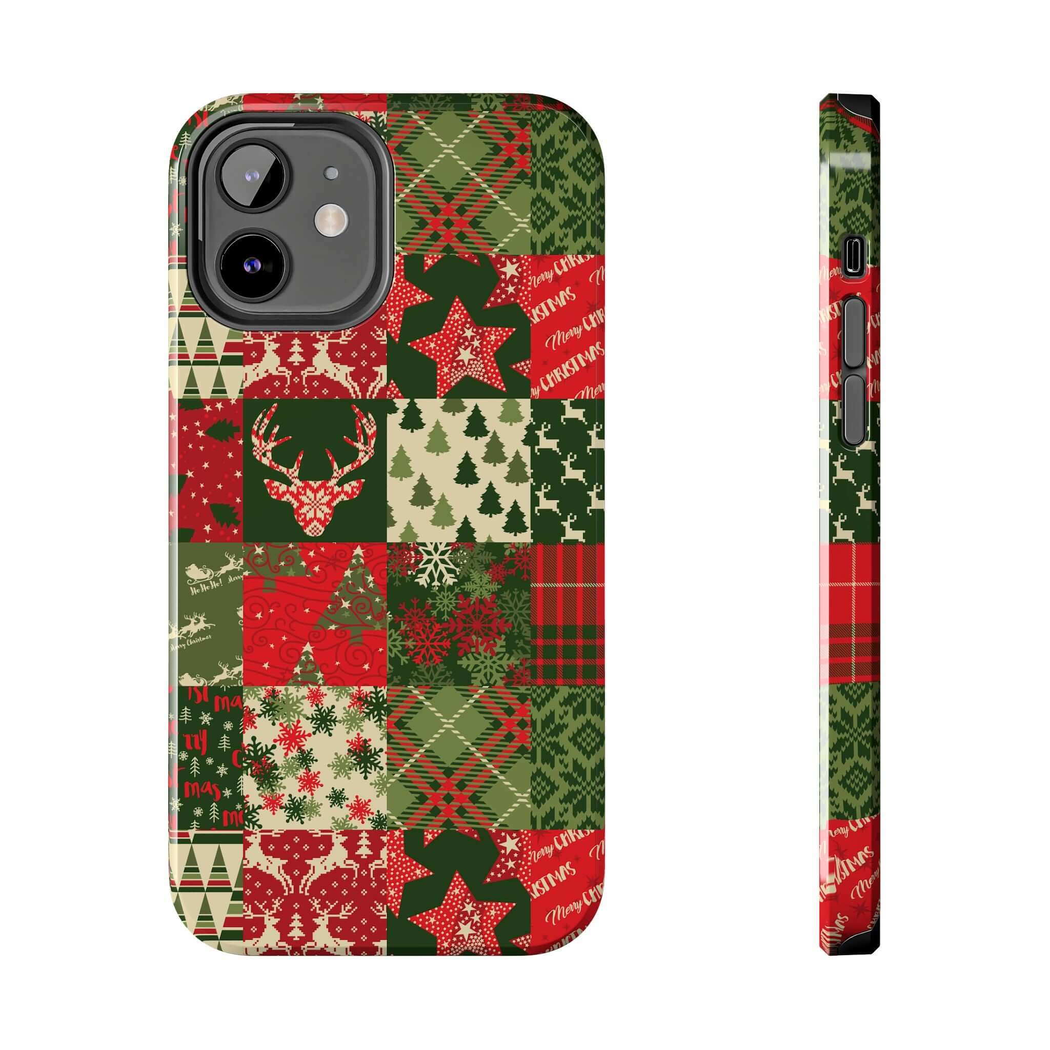 Cute iPhone case with green and red holiday quilt design, featuring Christmas trees and reindeer, perfect custom phone case for the season.