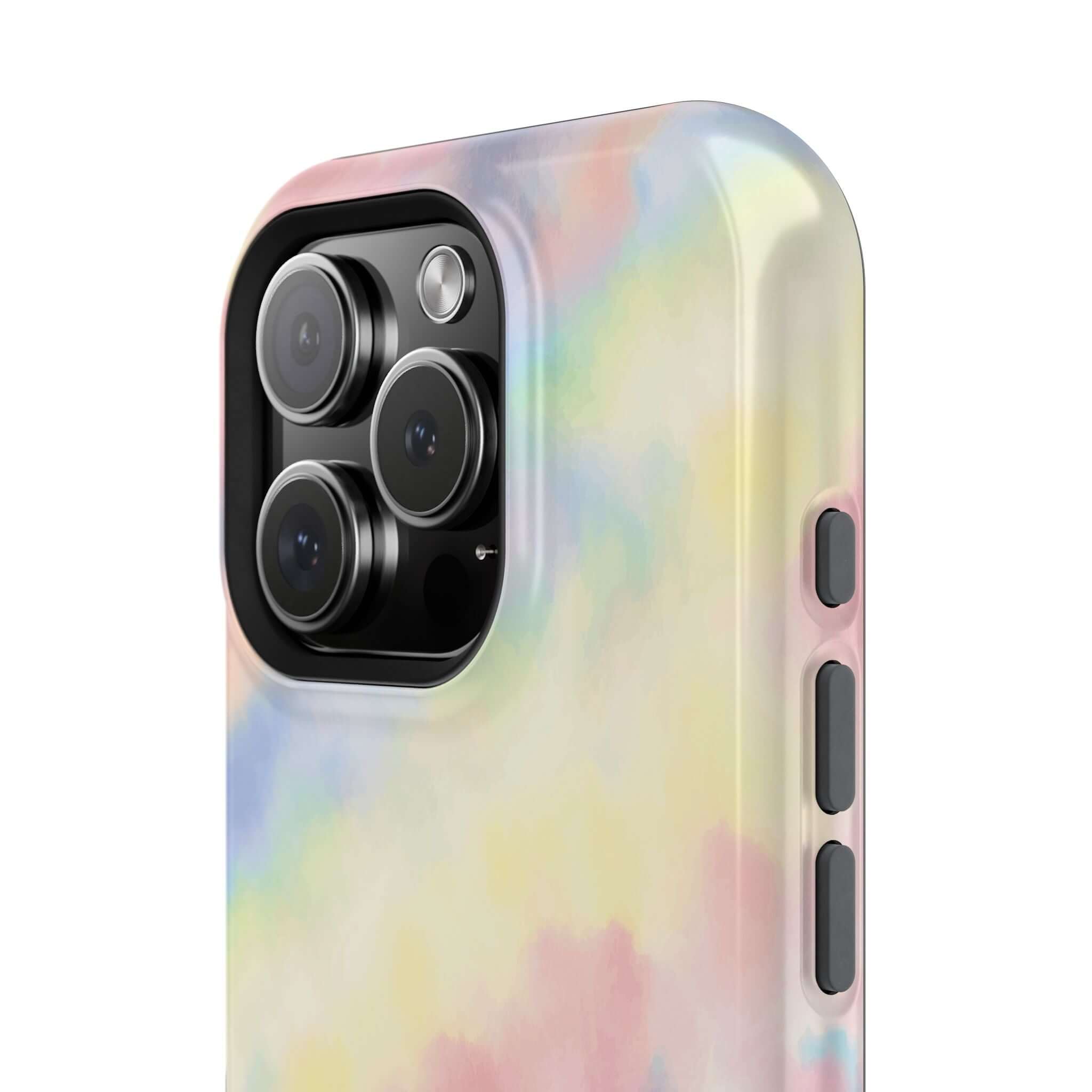 Cute pastel tie dye iPhone case with MagSafe compatibility, featuring a unique phone case design for custom tech style.