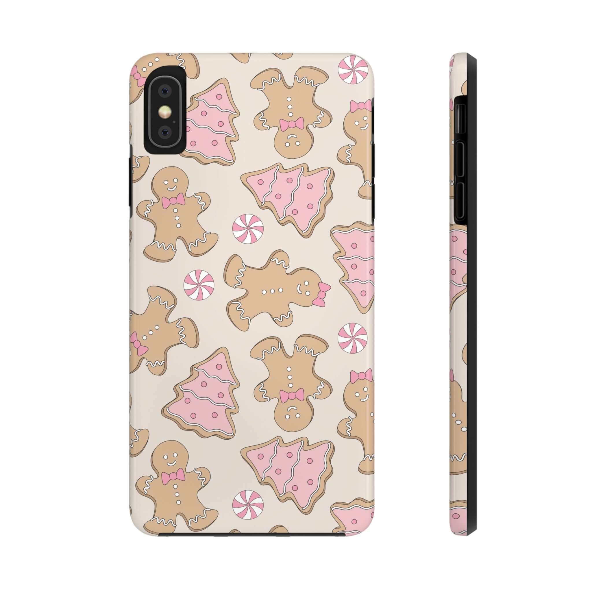 Cute iPhone case with gingerbread girl and Christmas cookie design, colorful holiday phone cover for festive protection