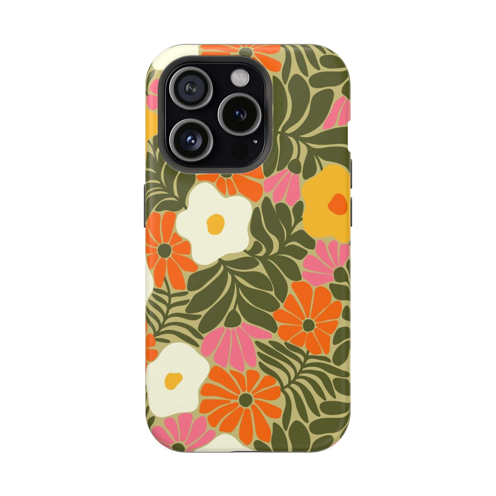 Retro floral iPhone case featuring vibrant flowers and leaves, perfect cute phone cover for tropical beach vibes.