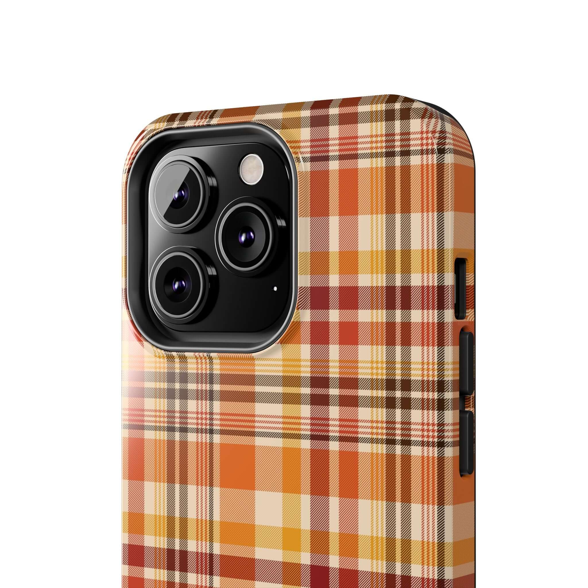 Halloween phone case with fall plaid design, perfect for a cute and stylish autumn-themed iPhone case.