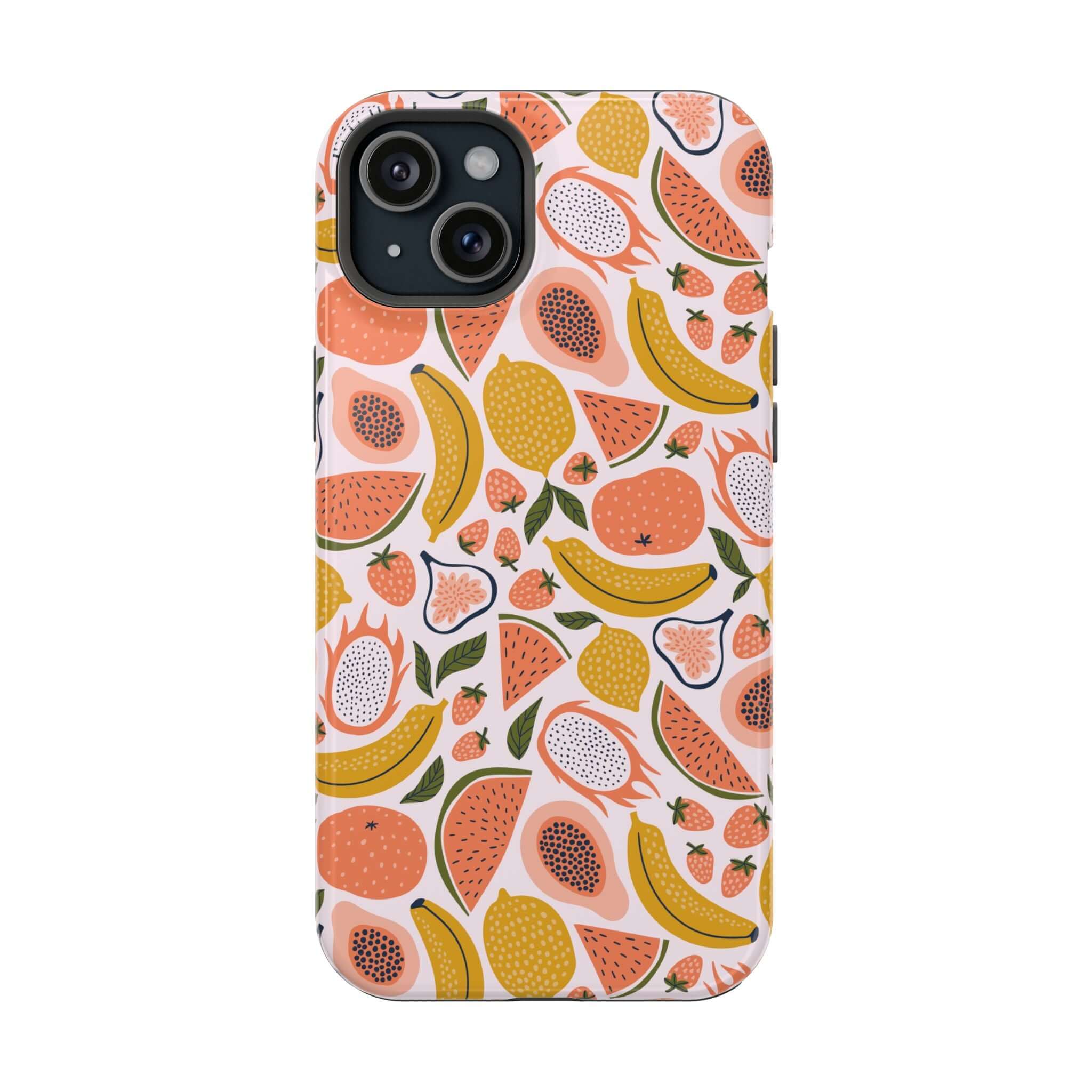 Cute Tropical Fruit iPhone 14 Case with Free Shipping - Playful Phone Cover Decorated with Watermelon, Banana, Orange, and Strawberries