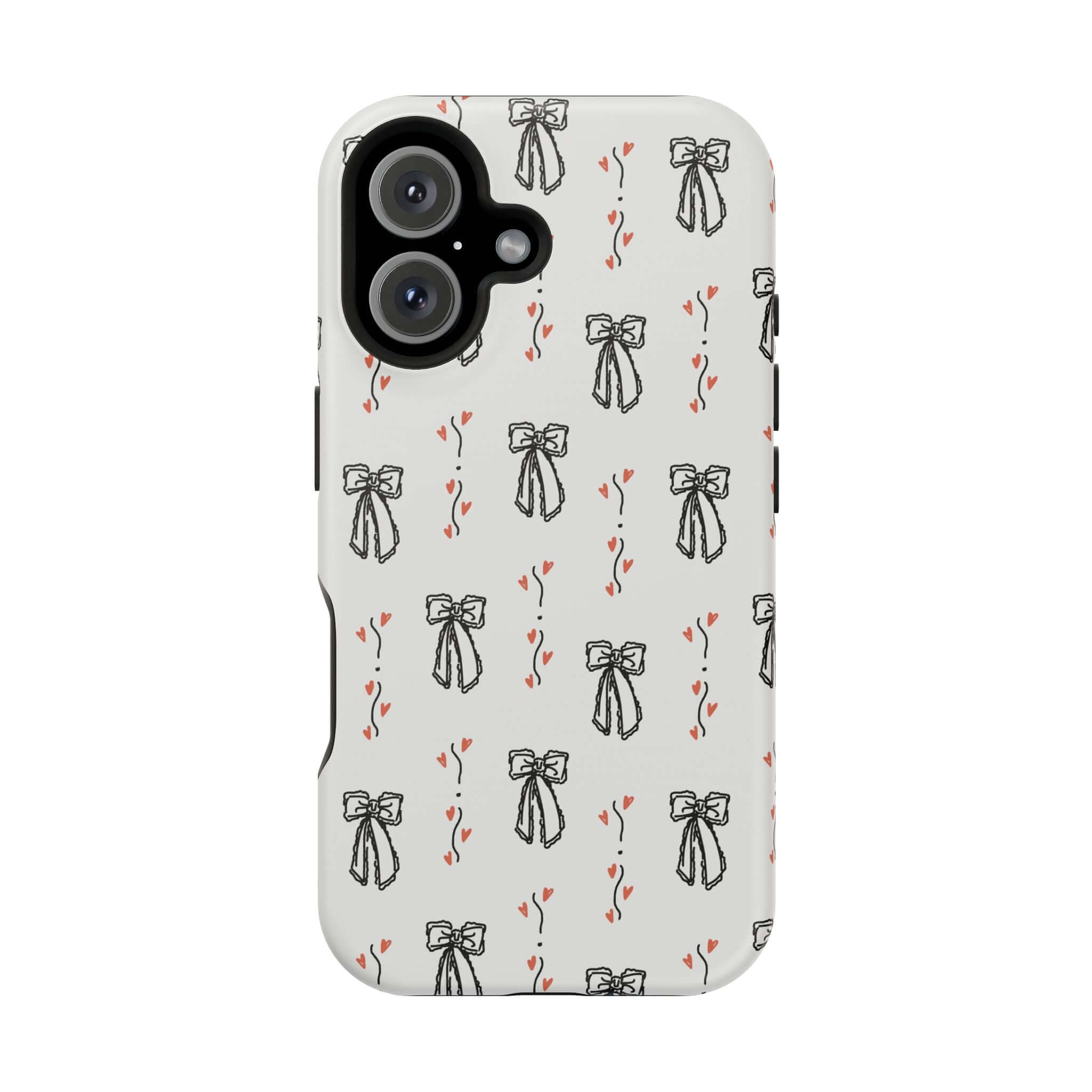 Vintage coquette iPhone 16 case with cute black bow design, adds charm and style. Perfect for fashion-forward individuals seeking a unique phone case.