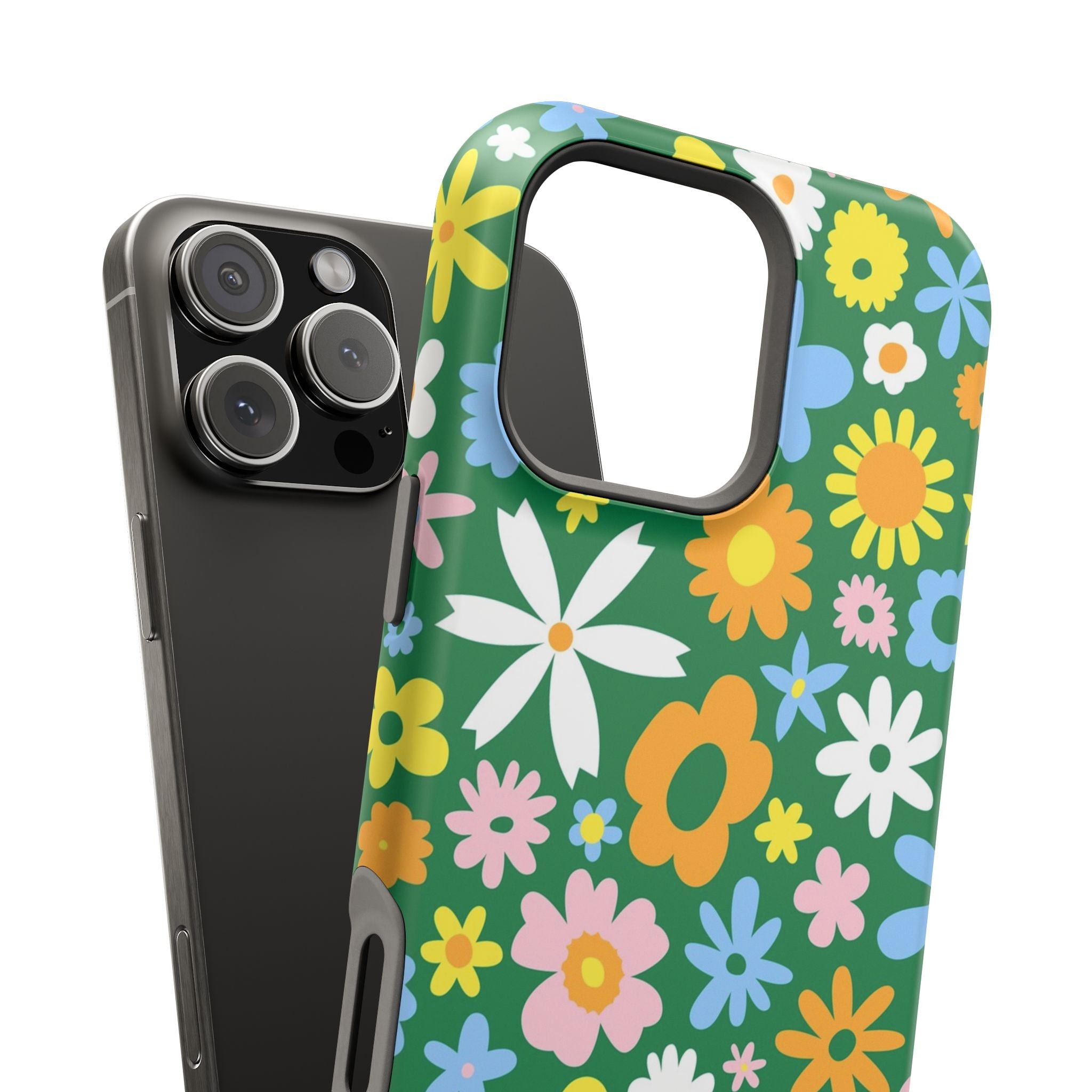 Chasing Blooms hippie floral MagSafe iPhone case with vibrant flowers on green, a cute and quirky phone cover for style and protection.