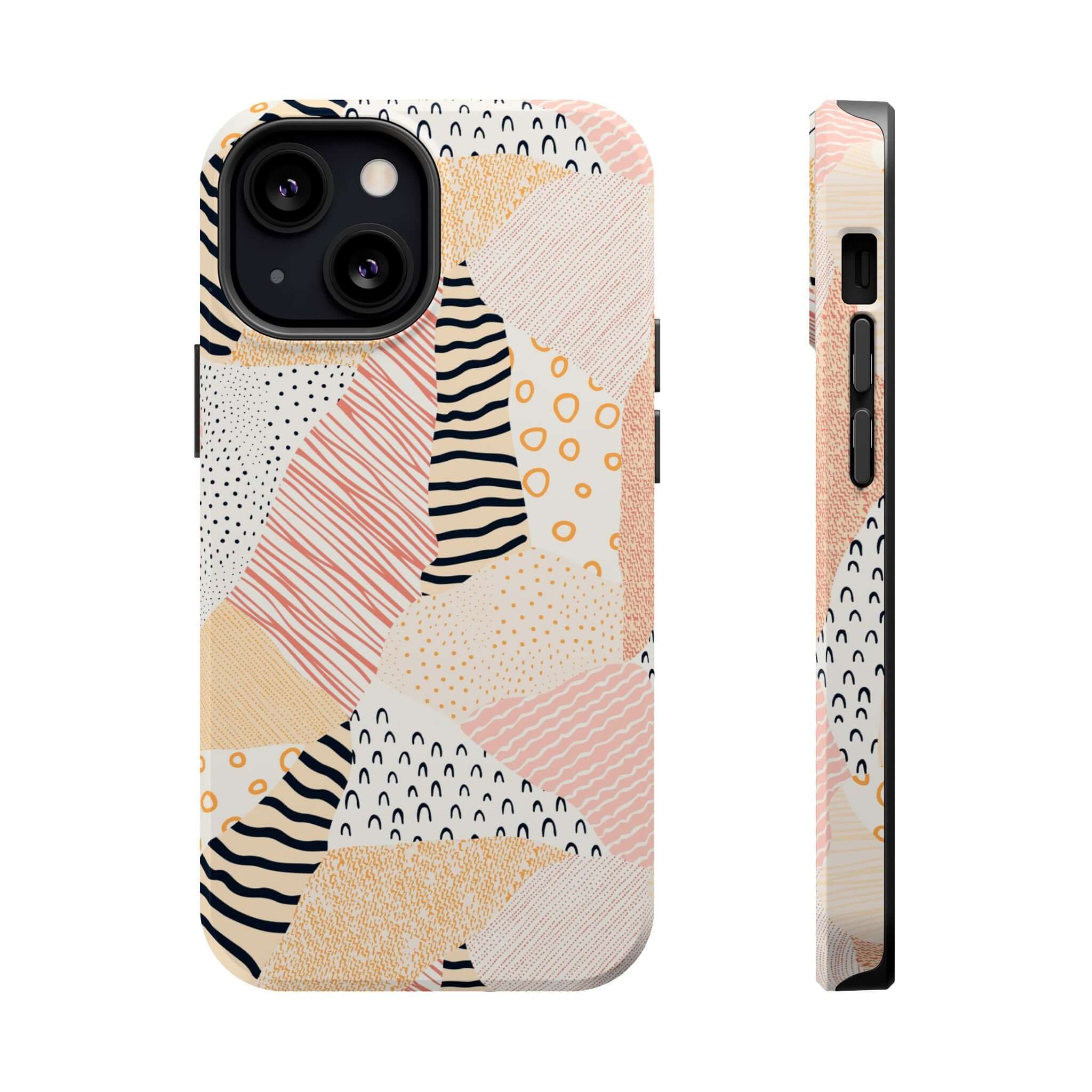 Cute colorful pastel patchwork phone case for iPhone 16, peach design with vibrant patterns, stand out and brighten your device.