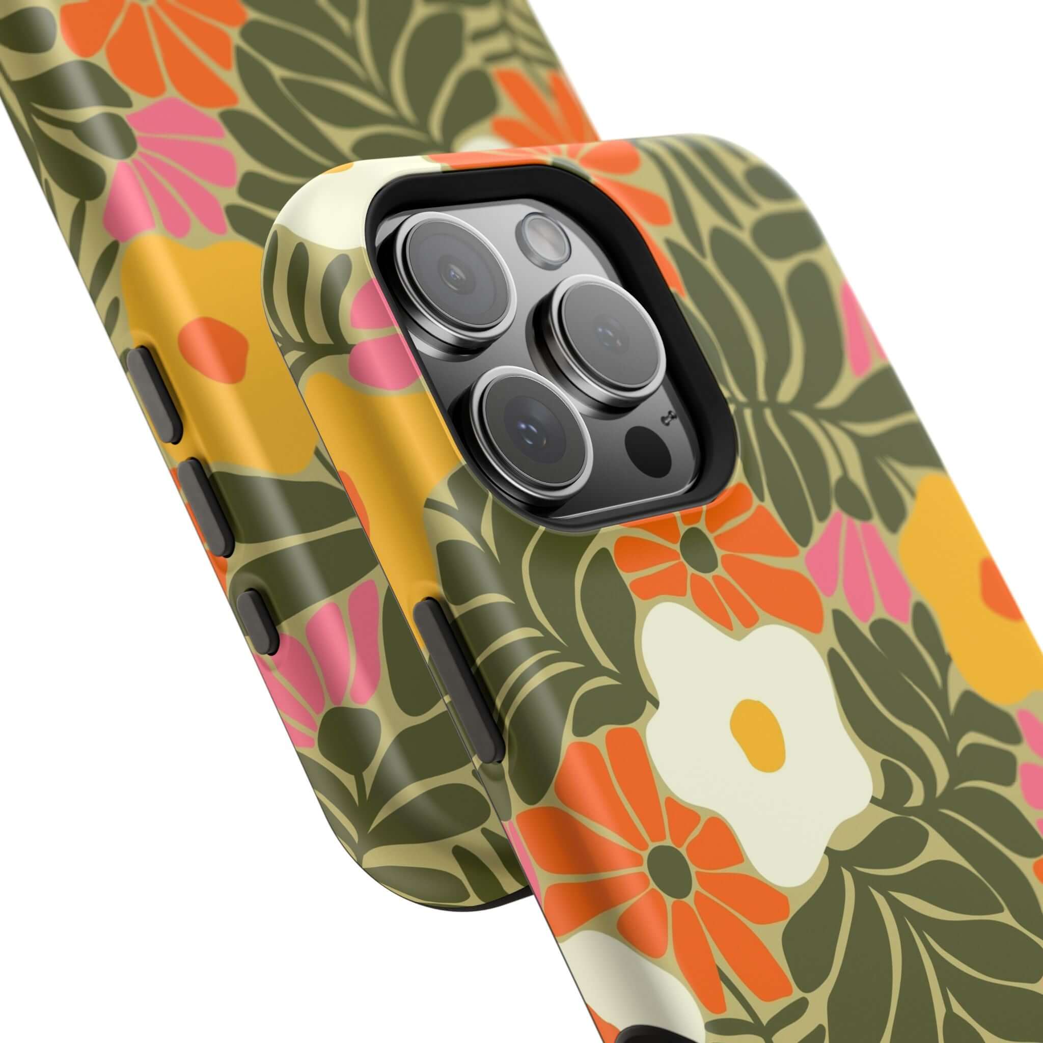 Retro tropical floral phone case for Apple iPhone, showcasing vibrant colors and playful design for a cute phone cover.