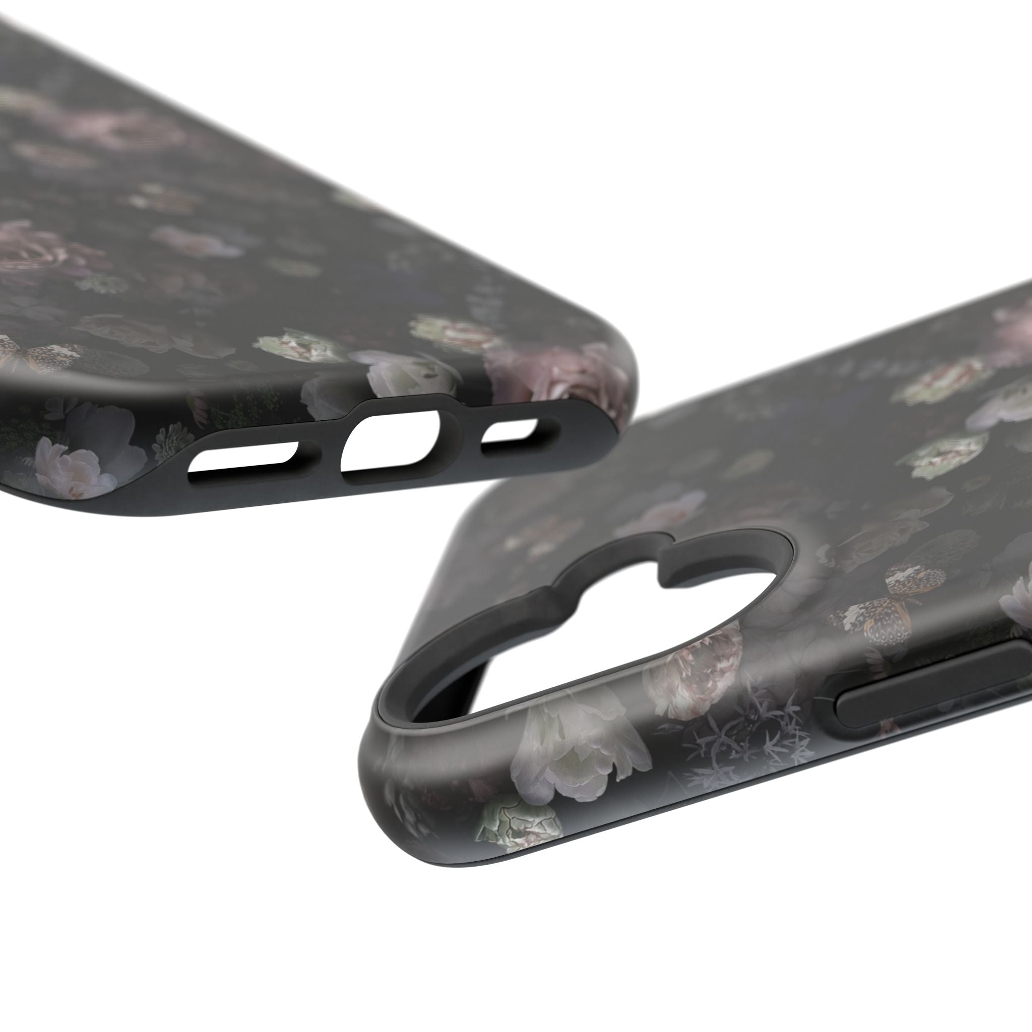 Midnight Curse Black Floral MagSafe iPhone Case featuring cute black roses, sleek design, perfect protective phone cover.