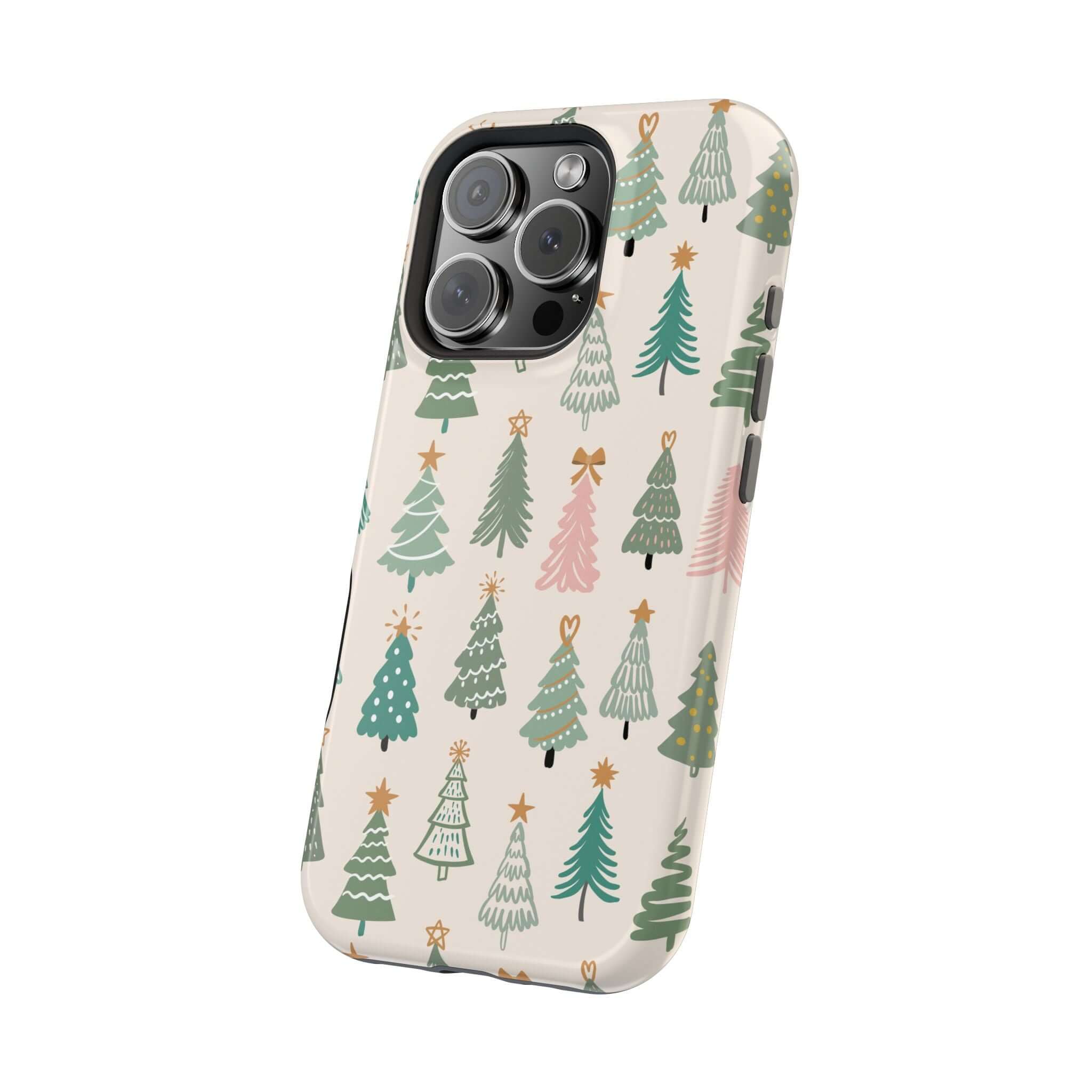 Festive Christmas tree design on MagSafe phone case, perfect holiday-themed Xmas phone cover.