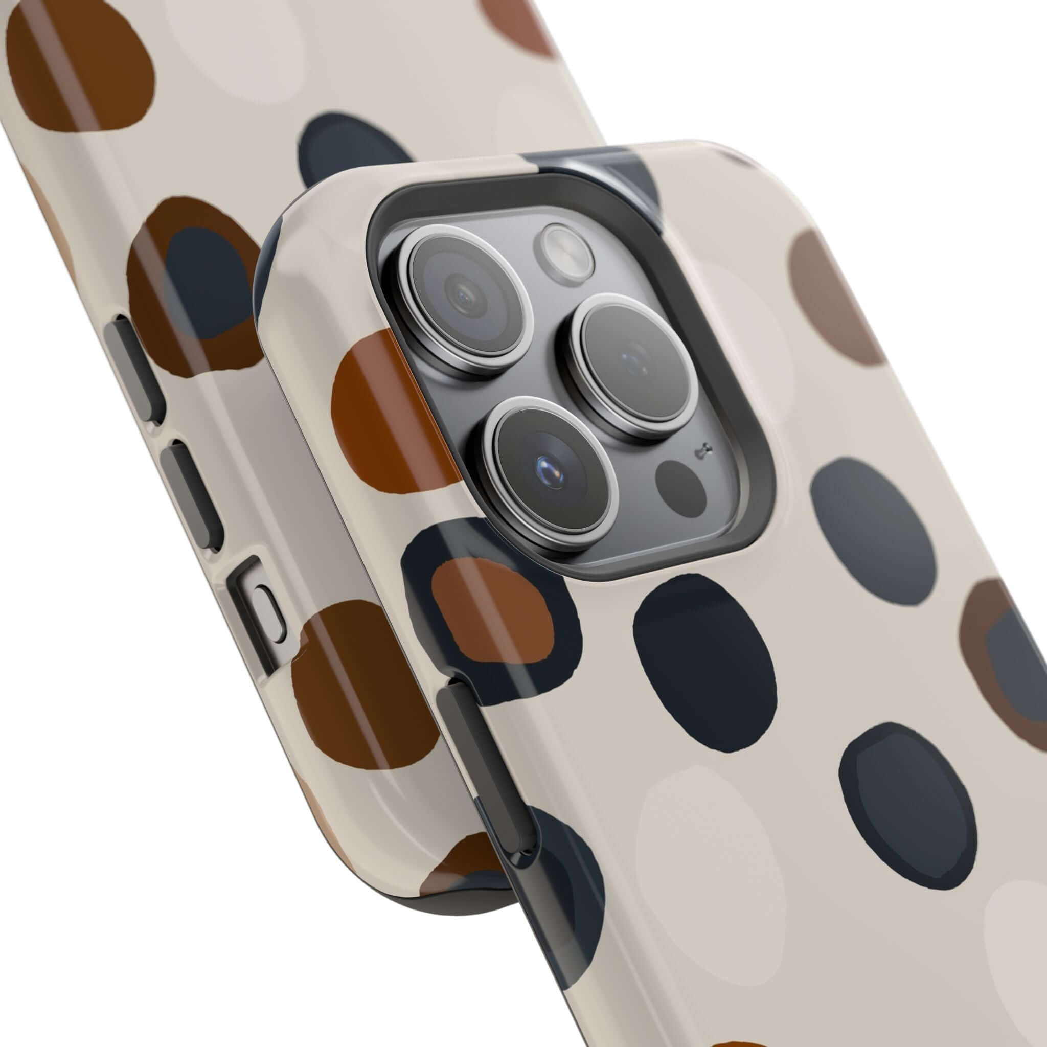 Colorful Chic Wanderer modern spots case for iPhone, featuring a cute and abstract brown and black polka dot design.