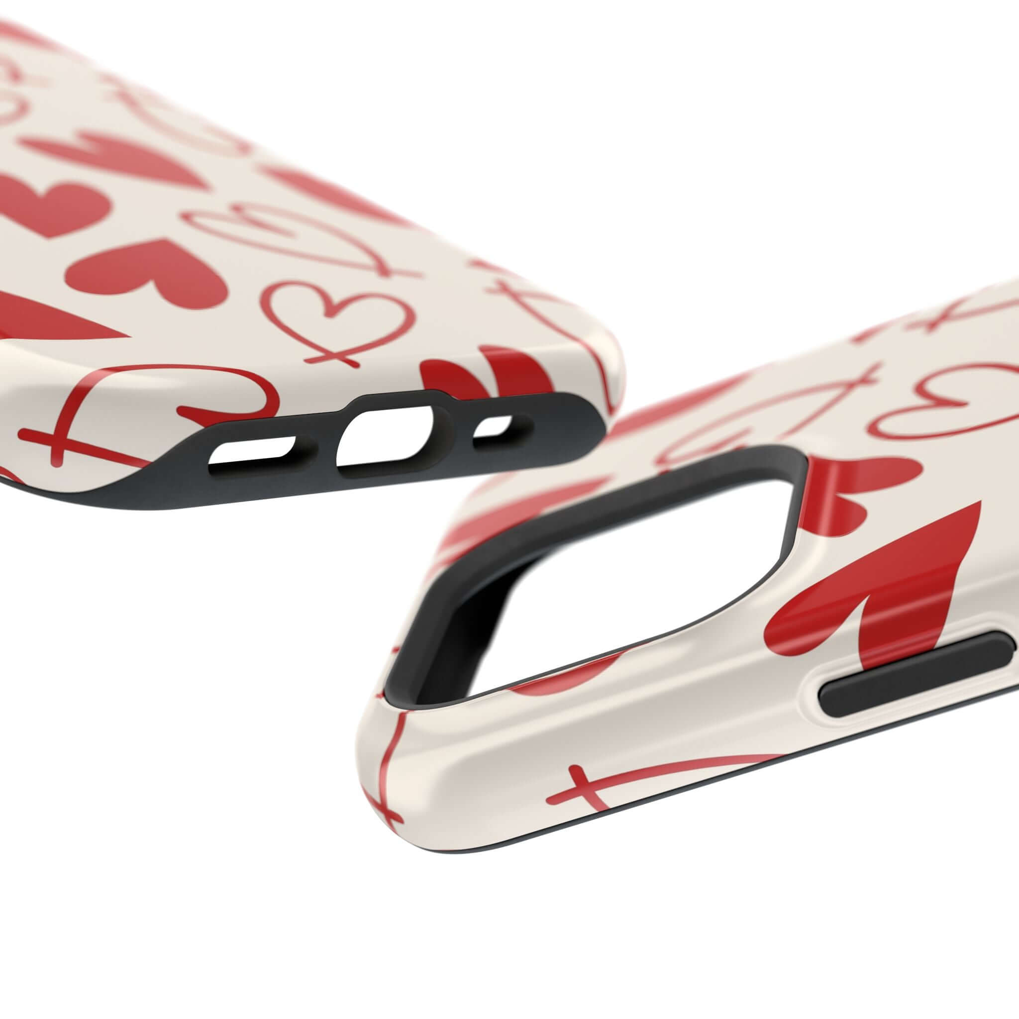 Cute phone cover with playful red hearts design, quirky iPhone case for protection and style.