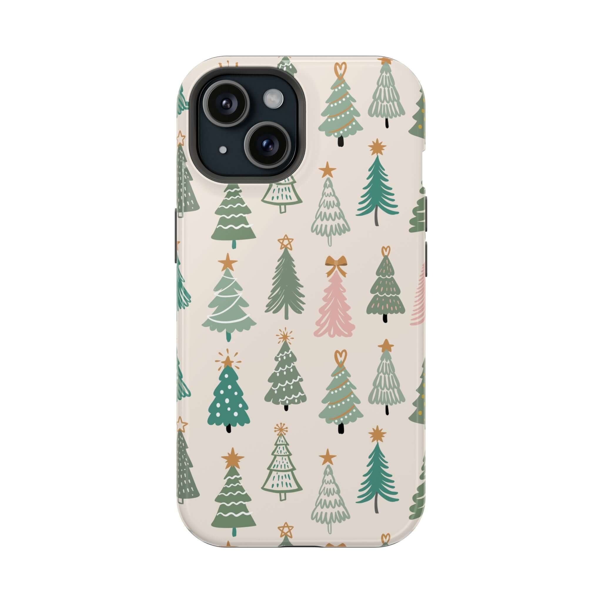 Festive Christmas tree design on MagSafe phone case, perfect holiday or cute Xmas phone cover.