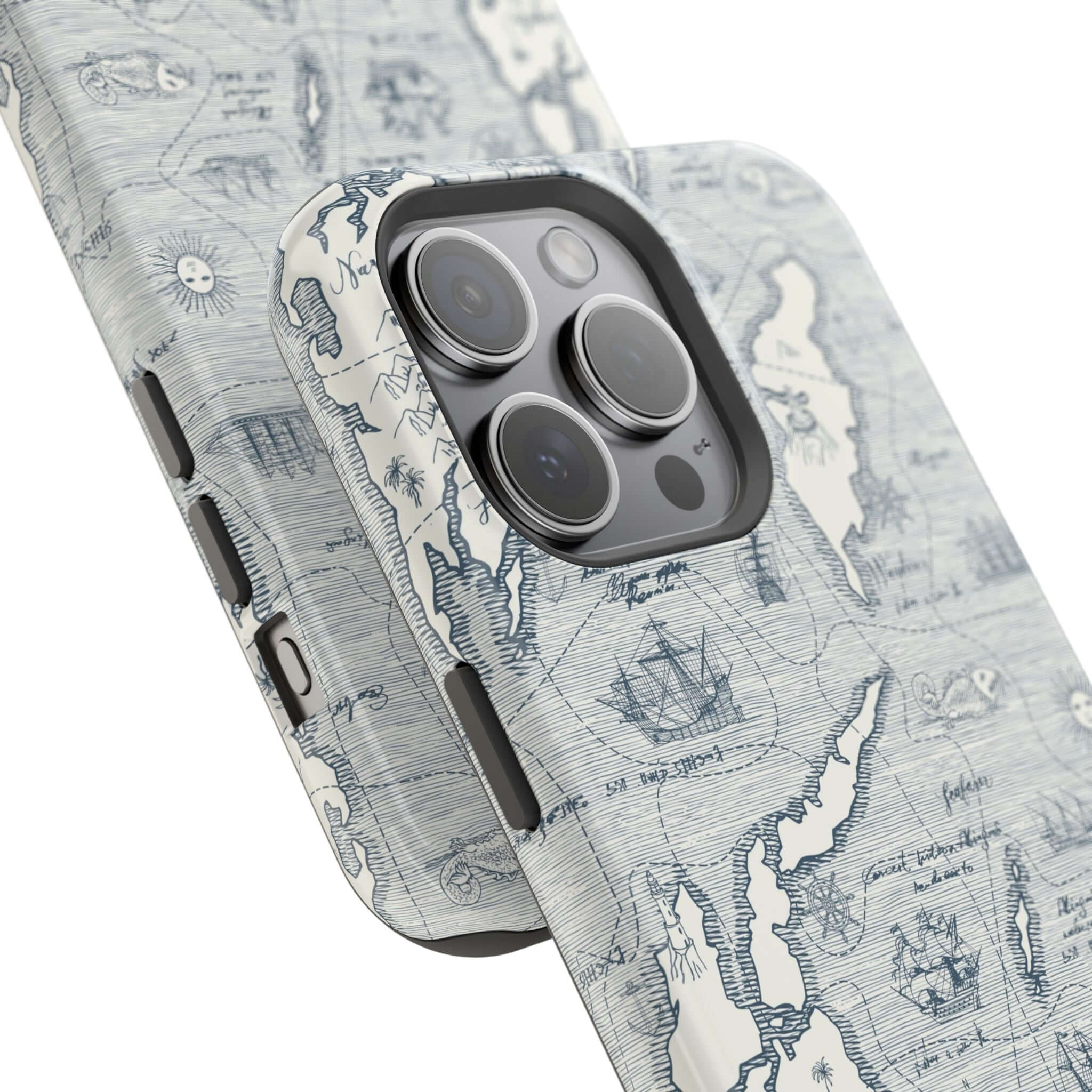 Pirates Passageway nautical map phone case for iPhone 14 Pro Max in teal with MagSafe technology