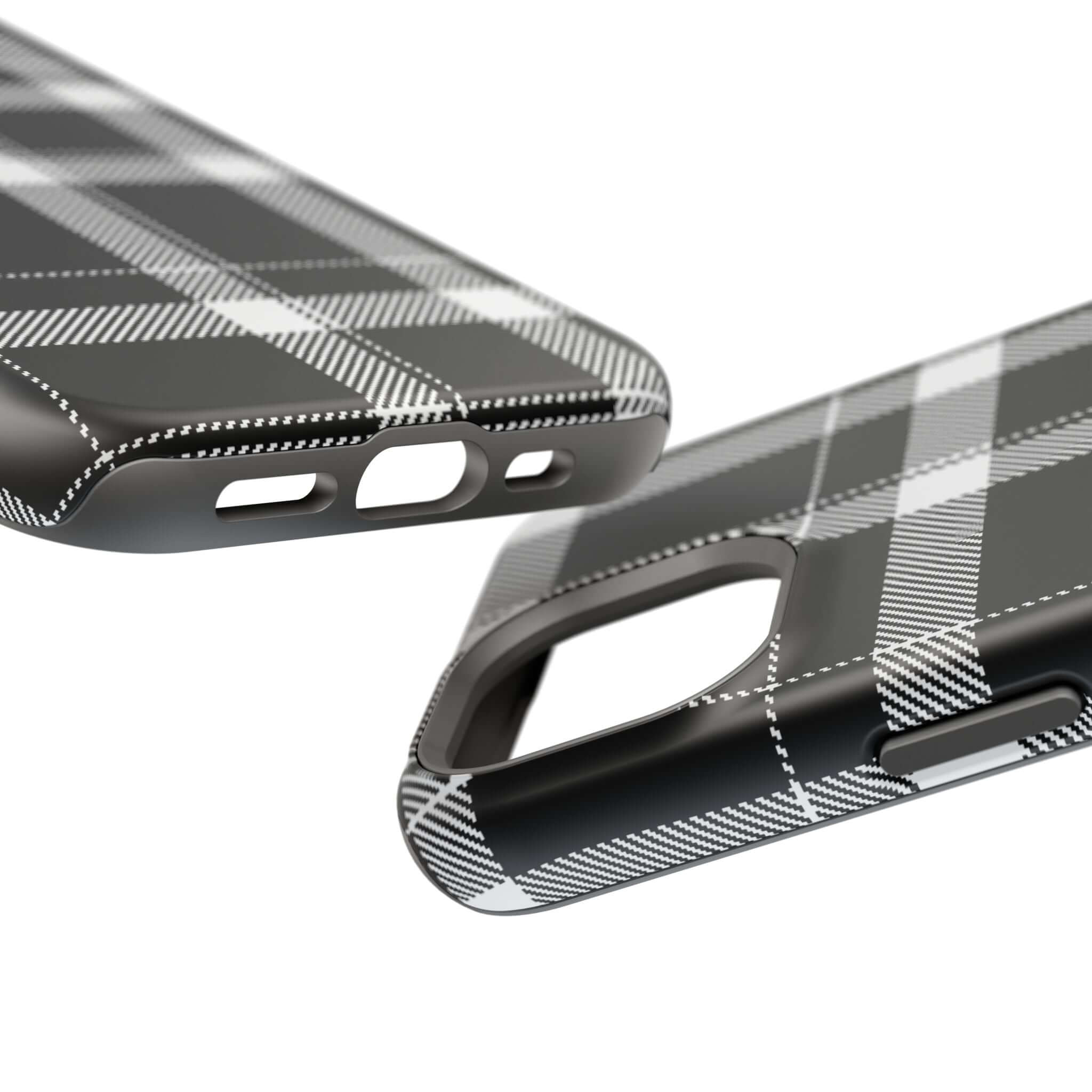 Close-up view of a stylish black plaid phone case, showcasing design details for the cute Apple iPhone cover.