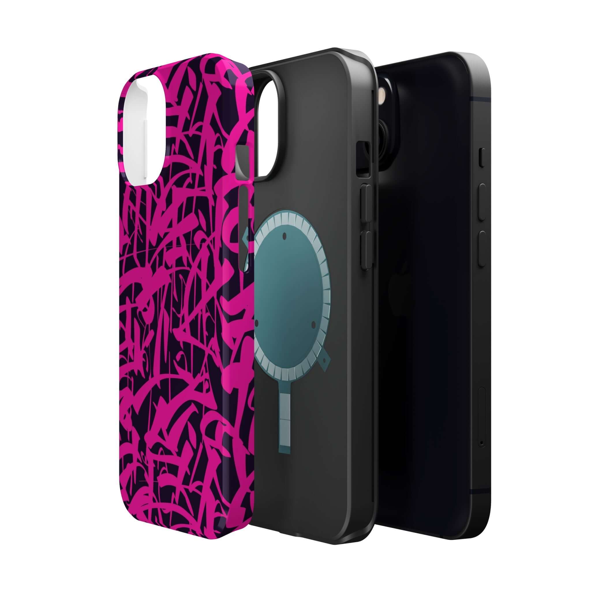 Colorful Midnight Pop Pink Art Case alongside sleek black phone cases, showcasing unique design and style.