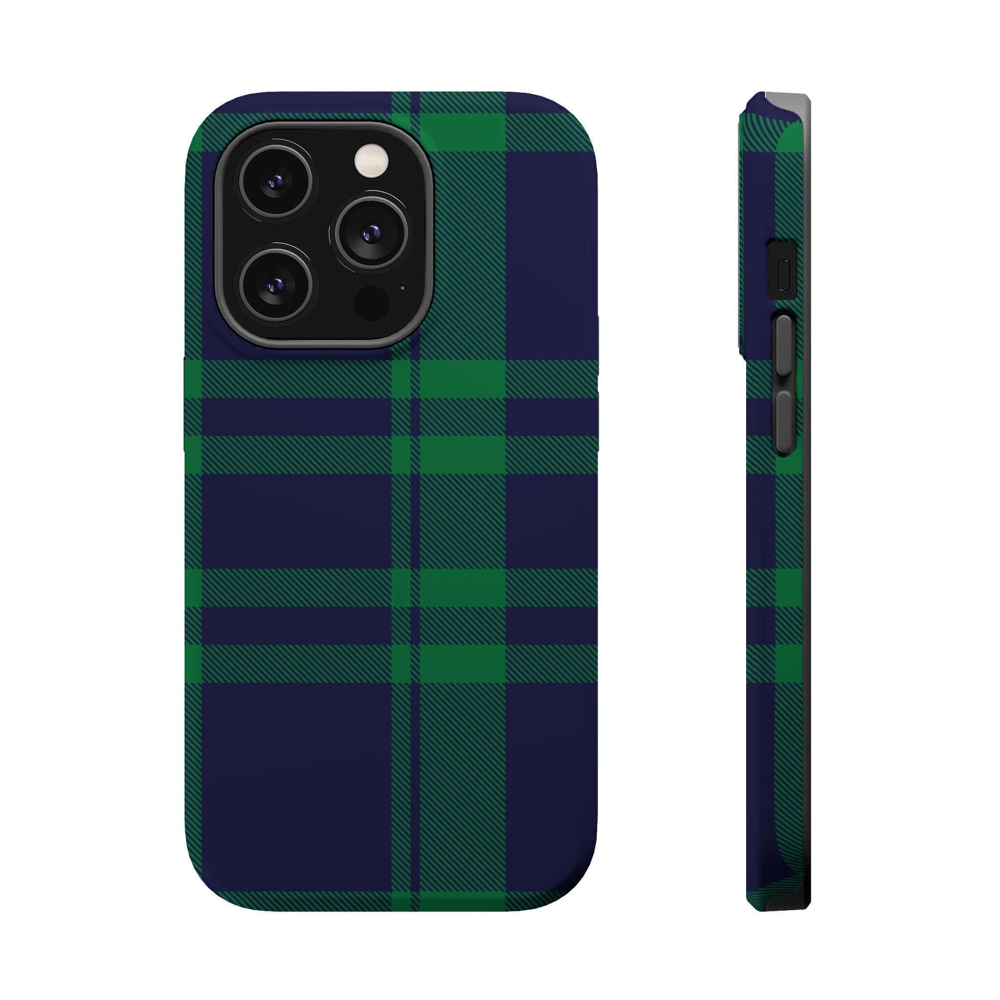 Mistletoe Plaid MagSafe case showing green and navy plaid pattern, perfect cute phone cover for the holiday season.