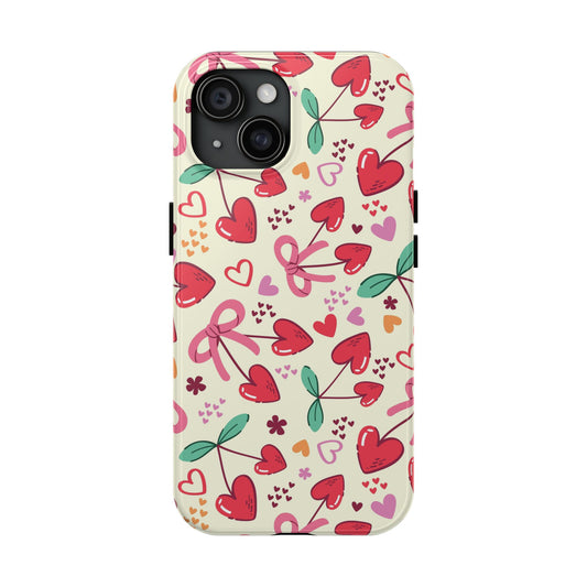 Cute Cherry Darling Coquette Cherries iPhone 14 case with hearts and flowers pattern, quirky and playful design for your phone.