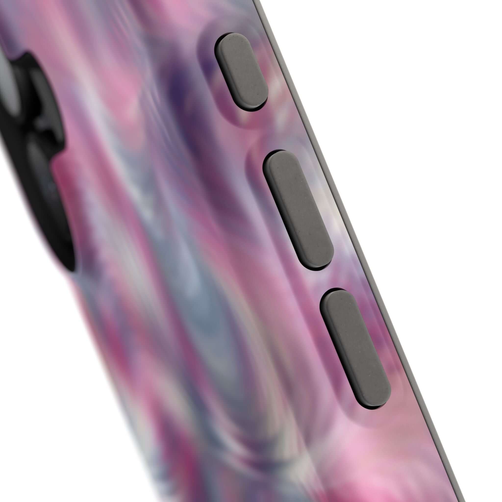 Close-up of Loosing Sight Purple Abstract MagSafe iPhone Case with tie dye swirl design, featuring vibrant pink and purple hues.