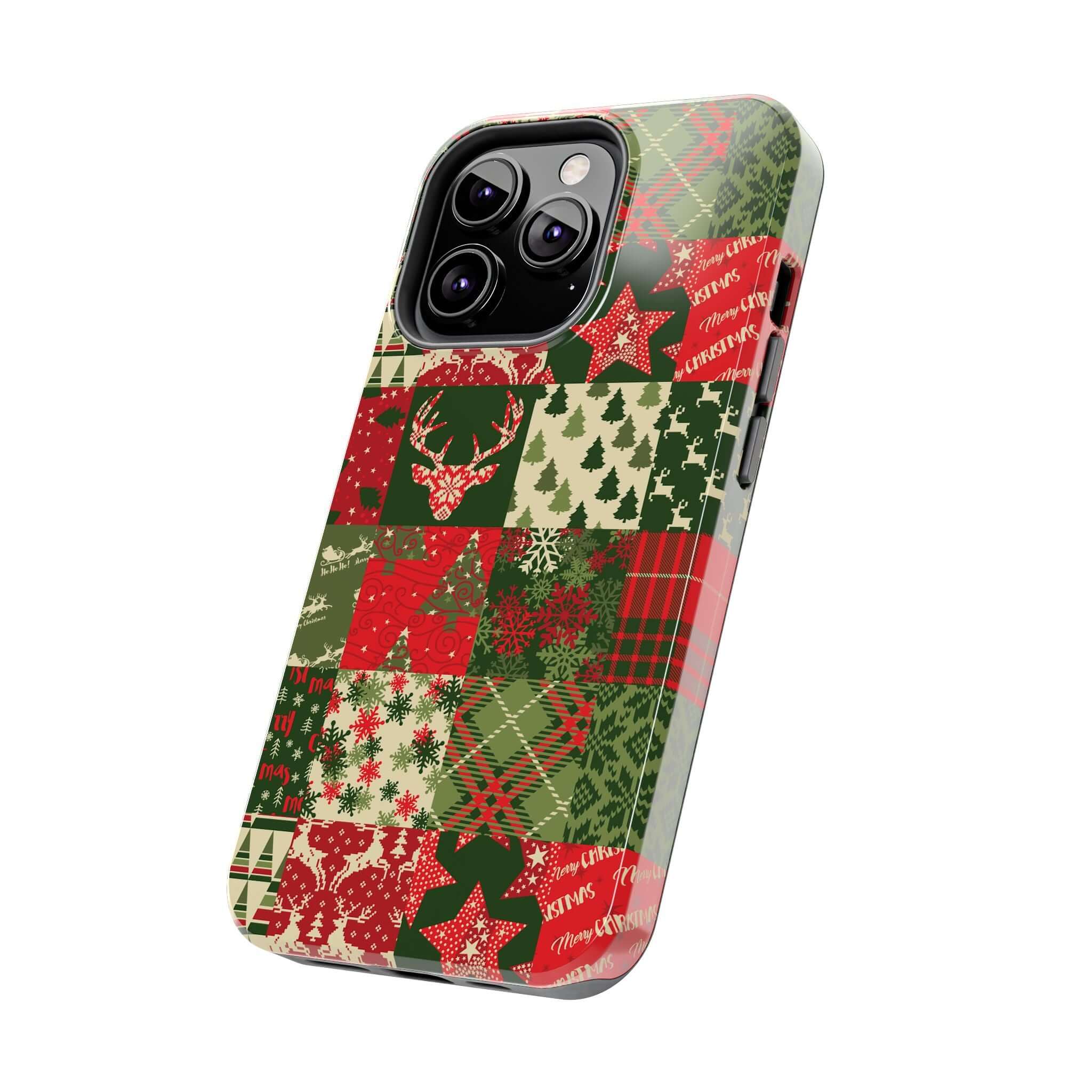 Cute iPhone case with festive Christmas design including trees, stars, and plaid patterns by Cozy Quiltmas. Perfect holiday phone case.