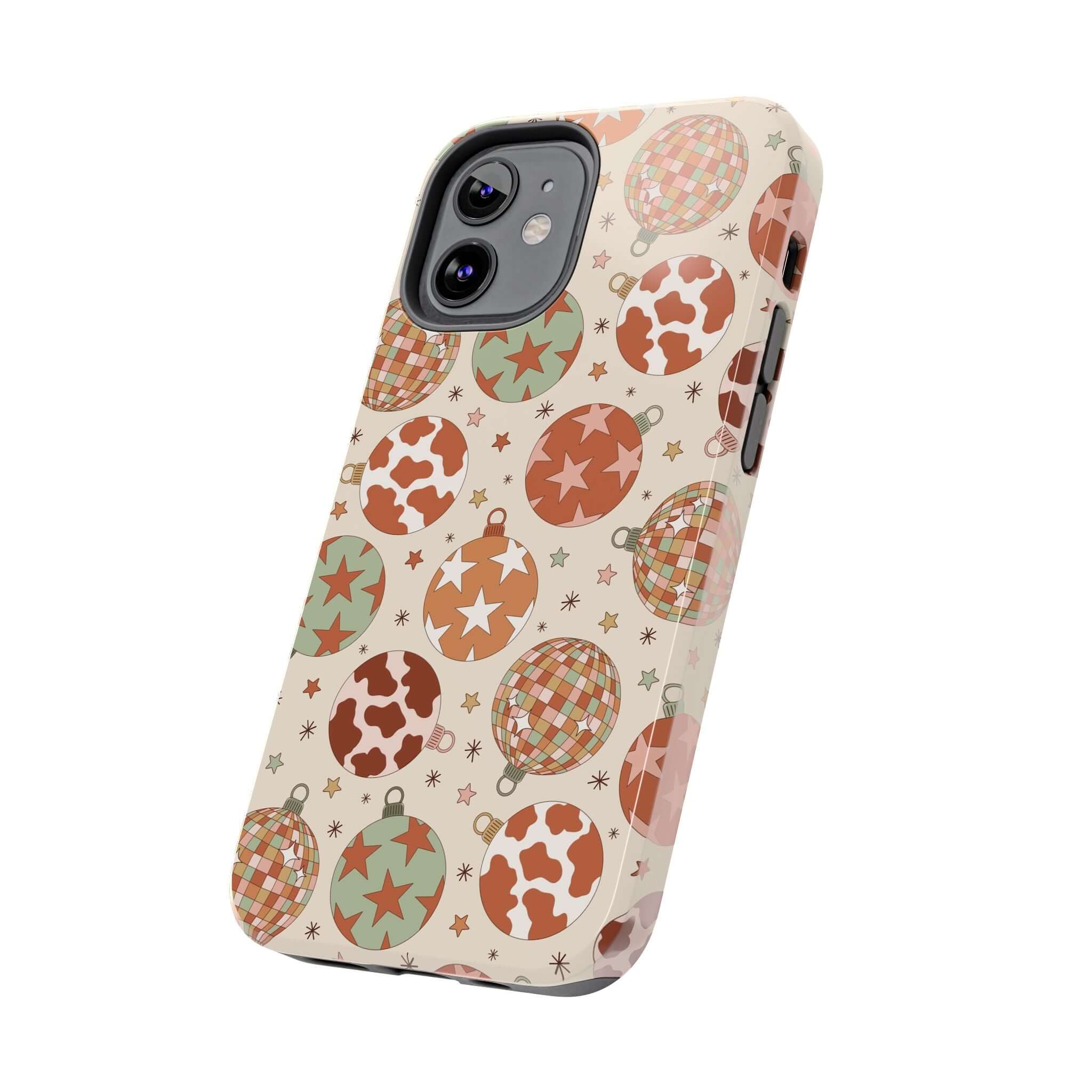 Colorful iPhone case with festive cowgirl Christmas pattern, featuring stars and plaid designs. Cute phone cover for holiday season.