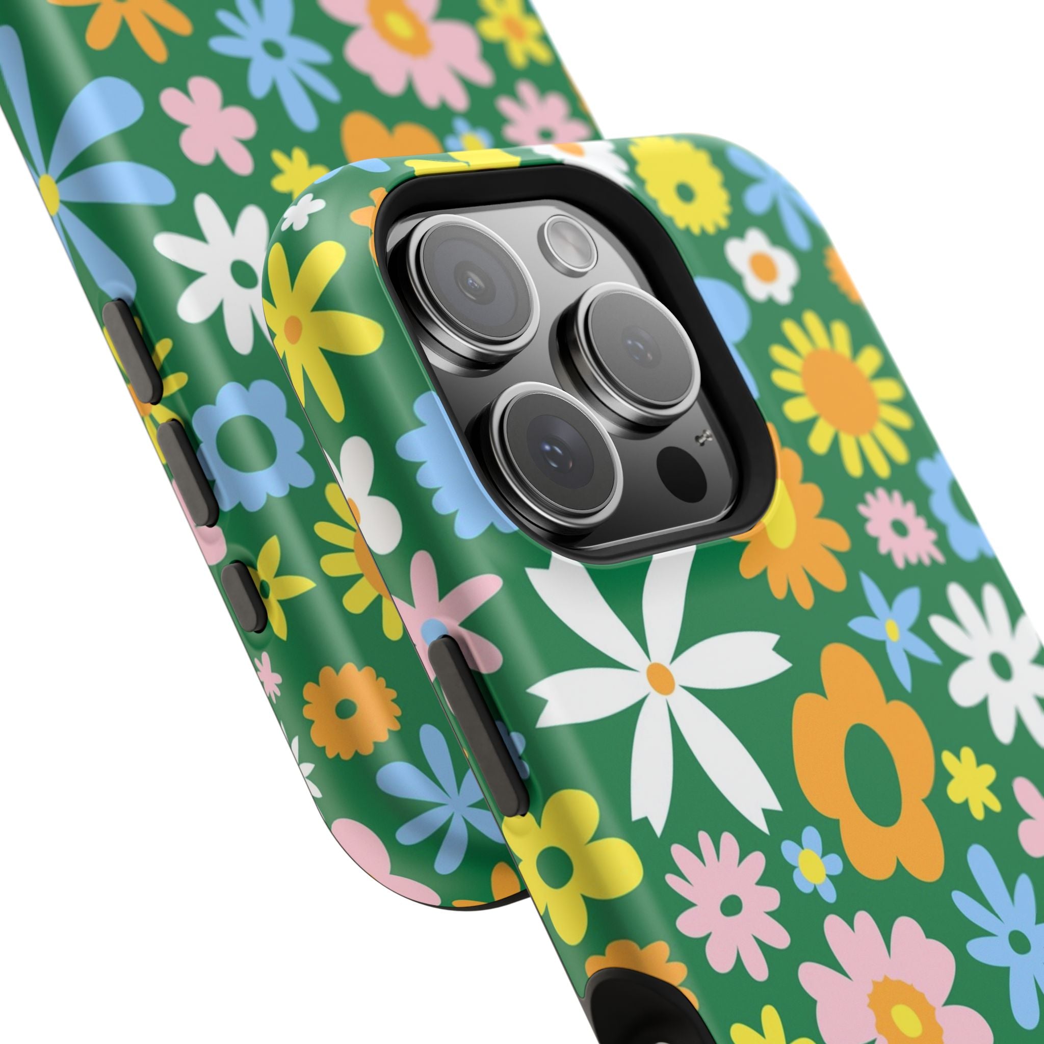 Vibrant Chasing Blooms MagSafe iPhone case with playful hippie floral design and green background, perfect cute phone cover.