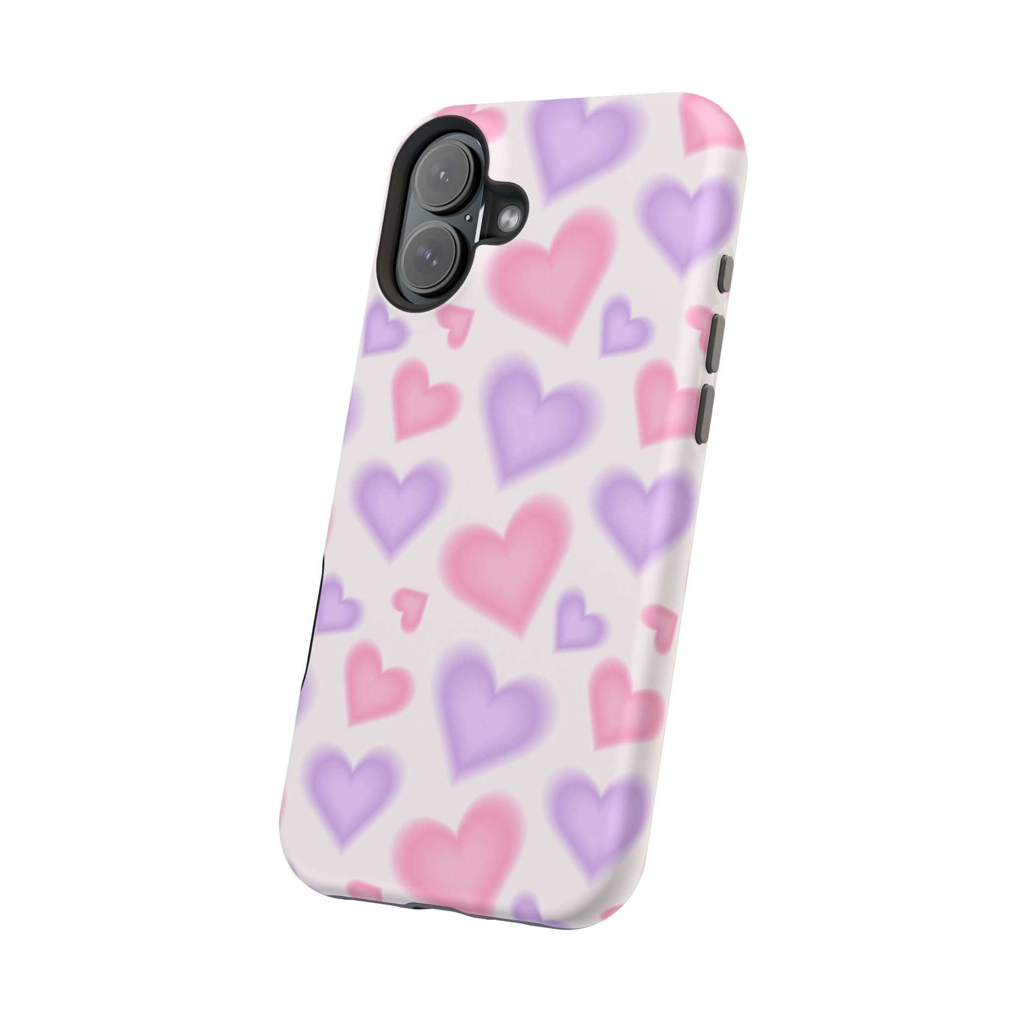 Cute phone cover featuring pink and purple hearts design, perfect for adding style to your Apple iPhone.