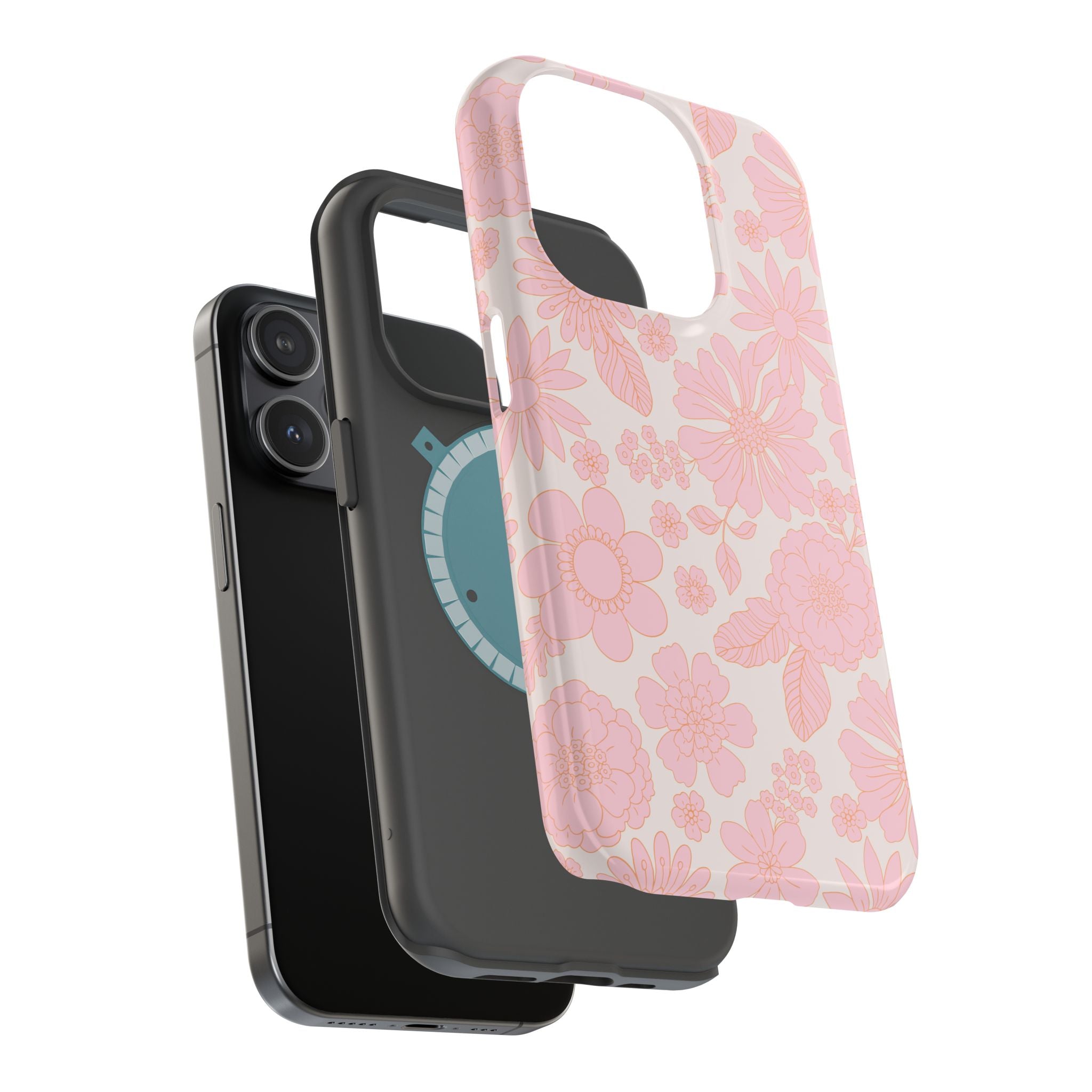 Pink floral MagSafe case for iPhone 16, charming petals design, cute phone cover with cottagecore aesthetic.