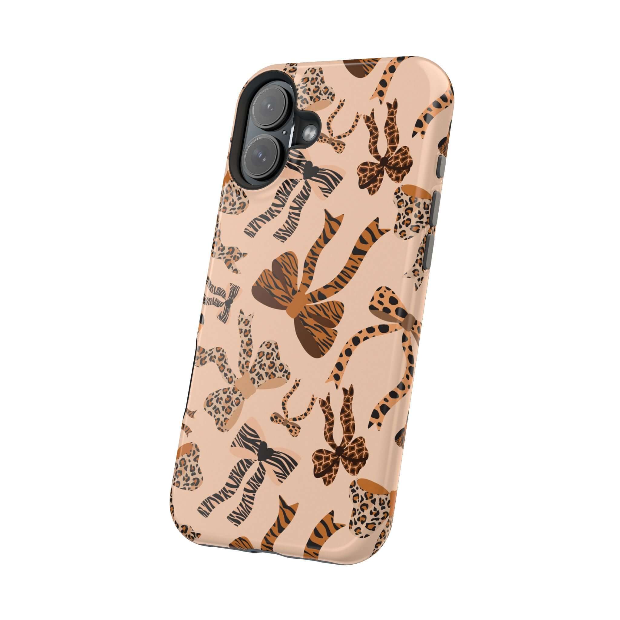 Colorful iPhone case with leopard print and cute bows pattern, Safari Coquette design, abstract and stylish phone accessory.