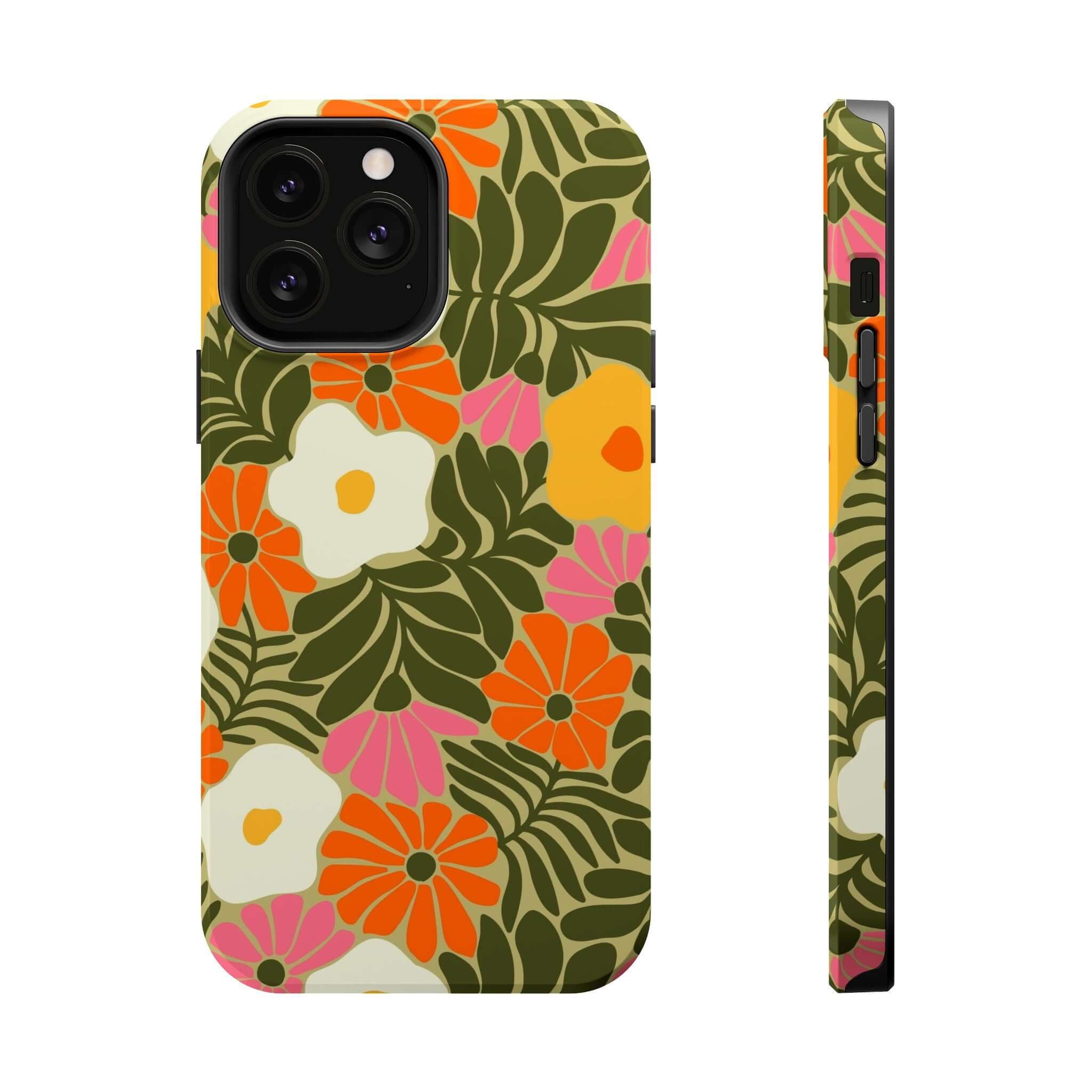 Retro floral design phone case with tropical flowers, perfect cute iPhone cover for beach vibes and style.