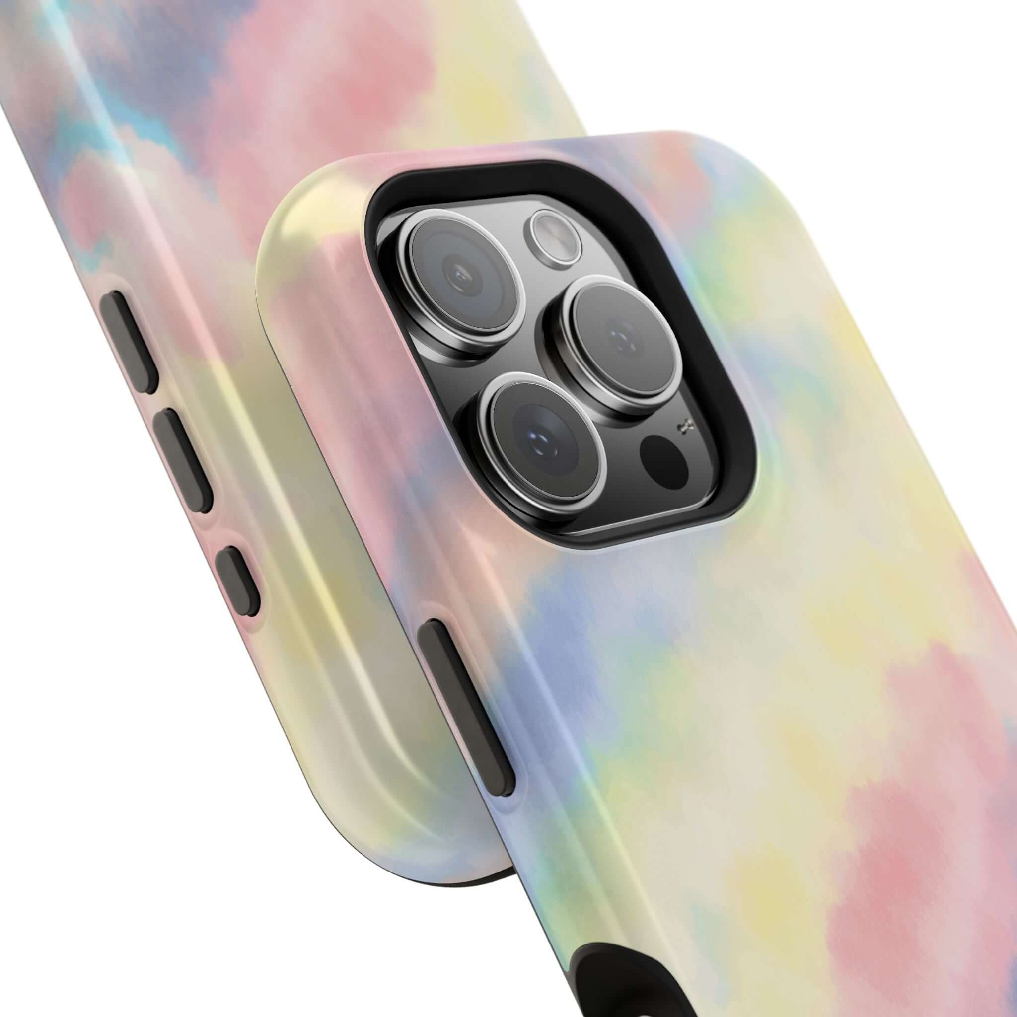 Cute pastel tie dye iPhone case with MagSafe, Unicorn Dreams design - custom phone case for vibrant tech style.