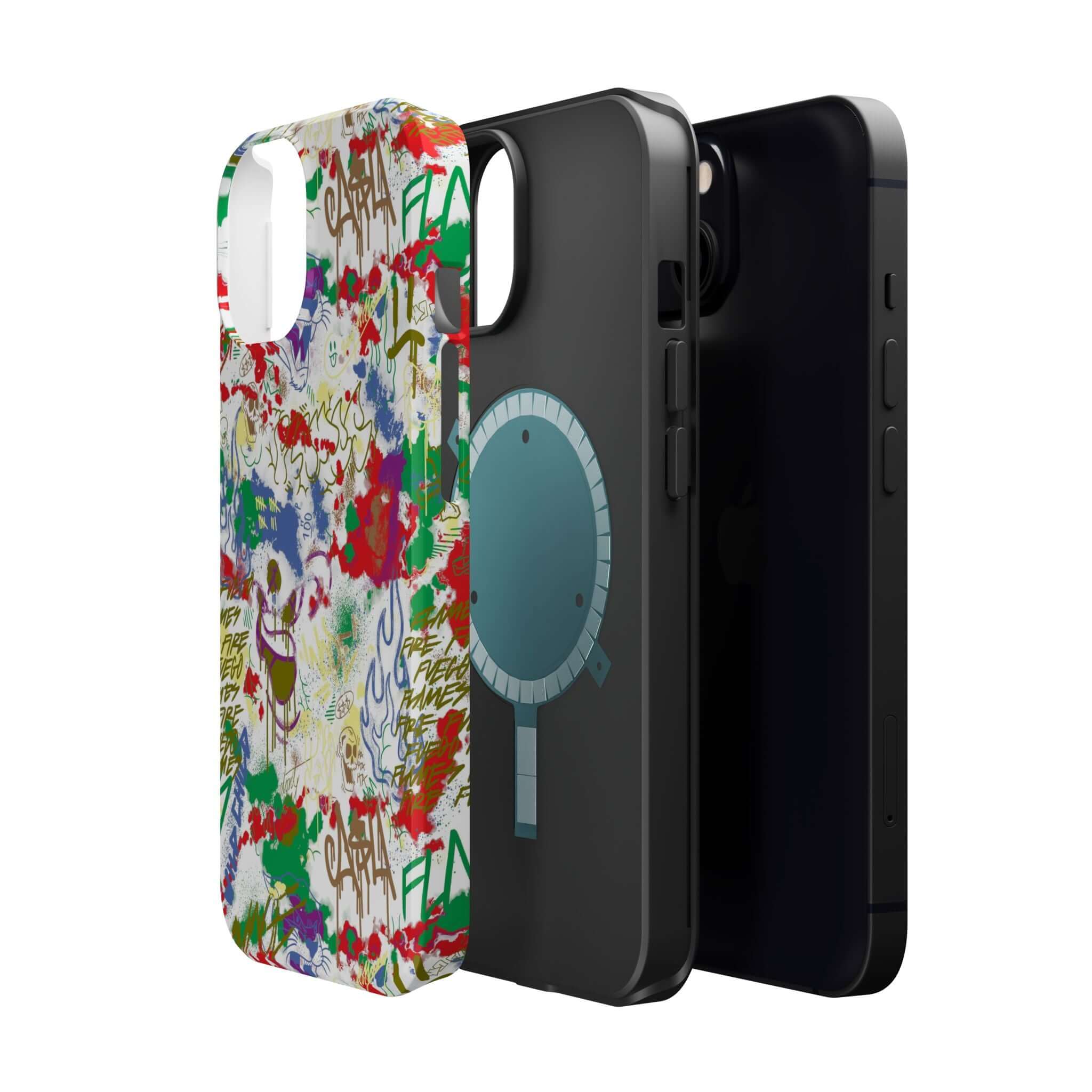 Colorful Art Attack graffiti phone case with MagSafe, showcasing vibrant street art design and sleek black covers.