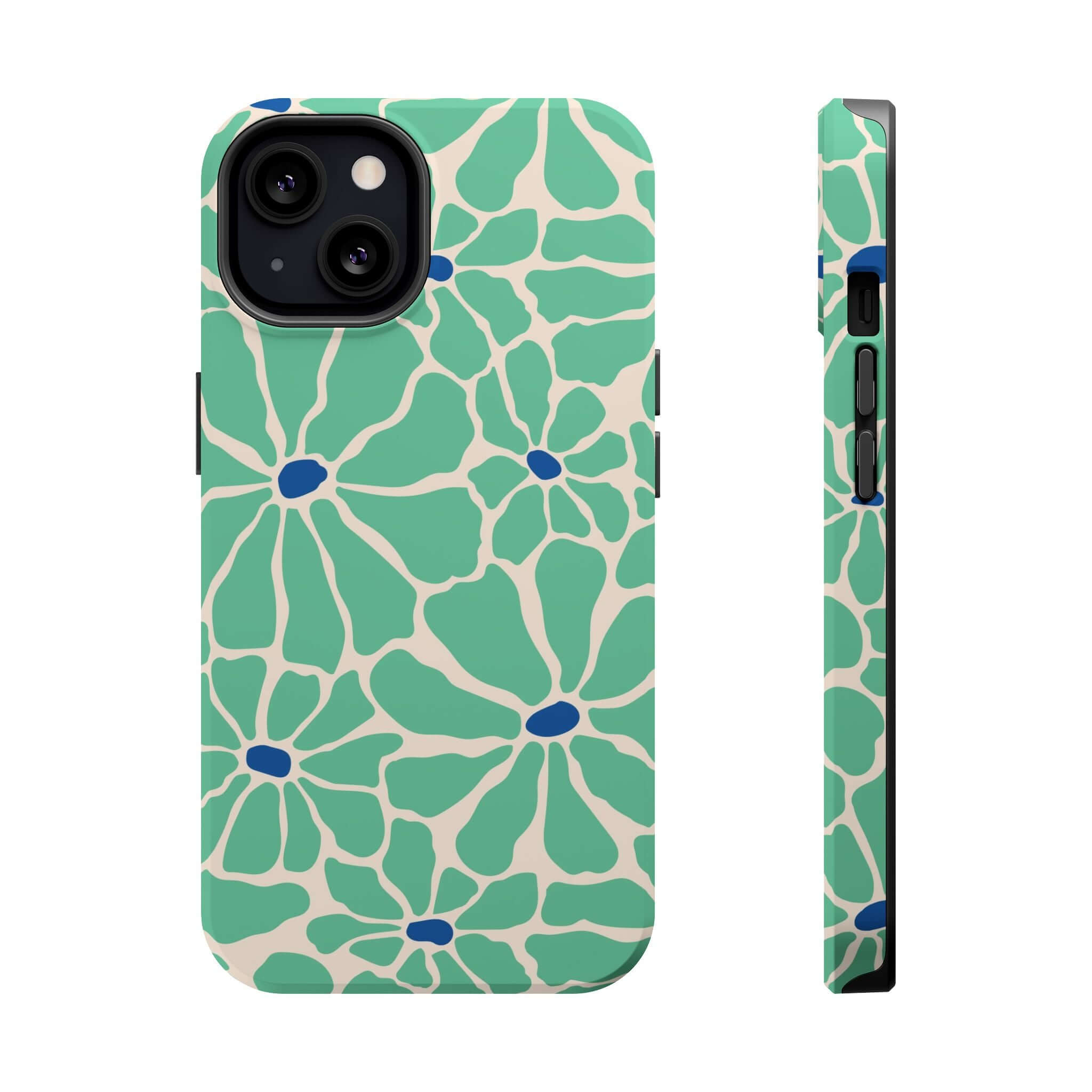 Tropical Splash Retro Floral Case for Apple iPhone, featuring a cute phone cover design with vibrant green flowers.