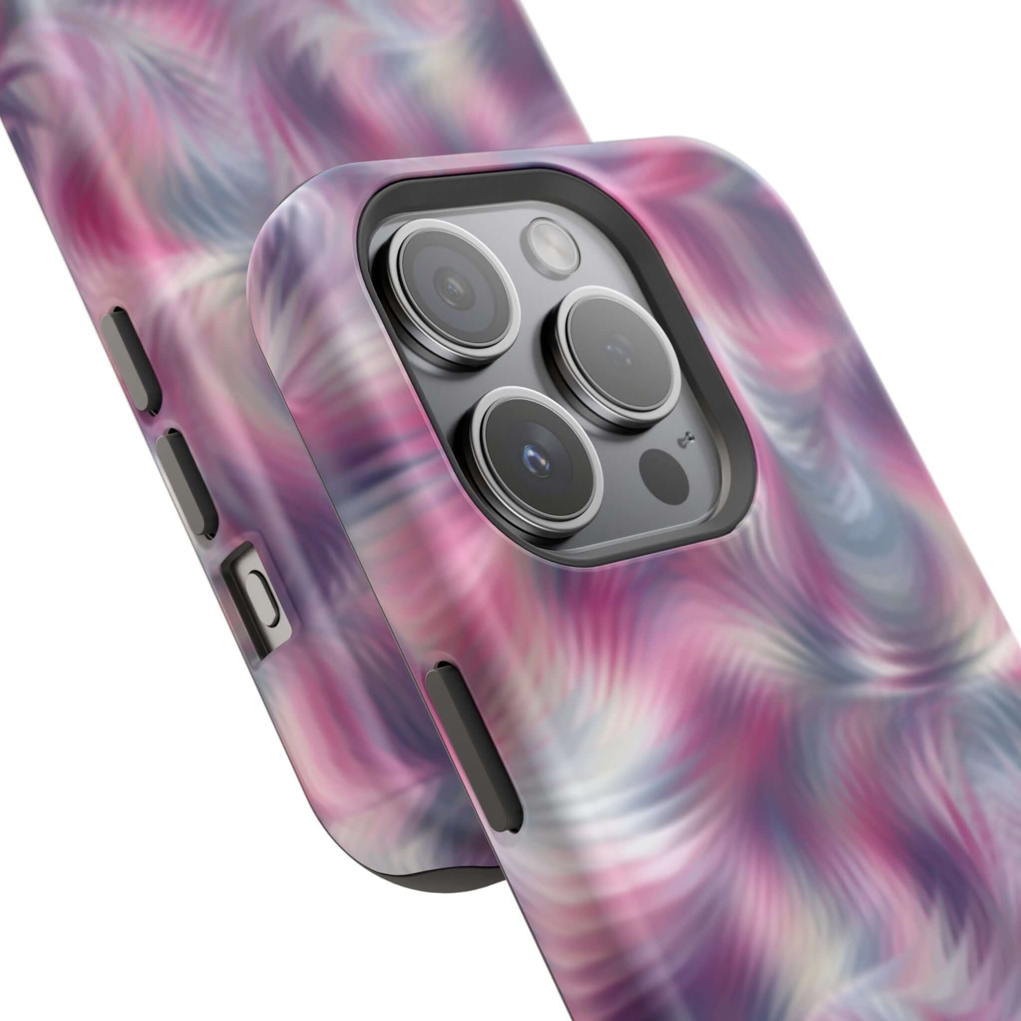 Purple abstract MagSafe iPhone case with quirky tie dye swirl design, perfect cute phone cover for showcasing your playful personality.