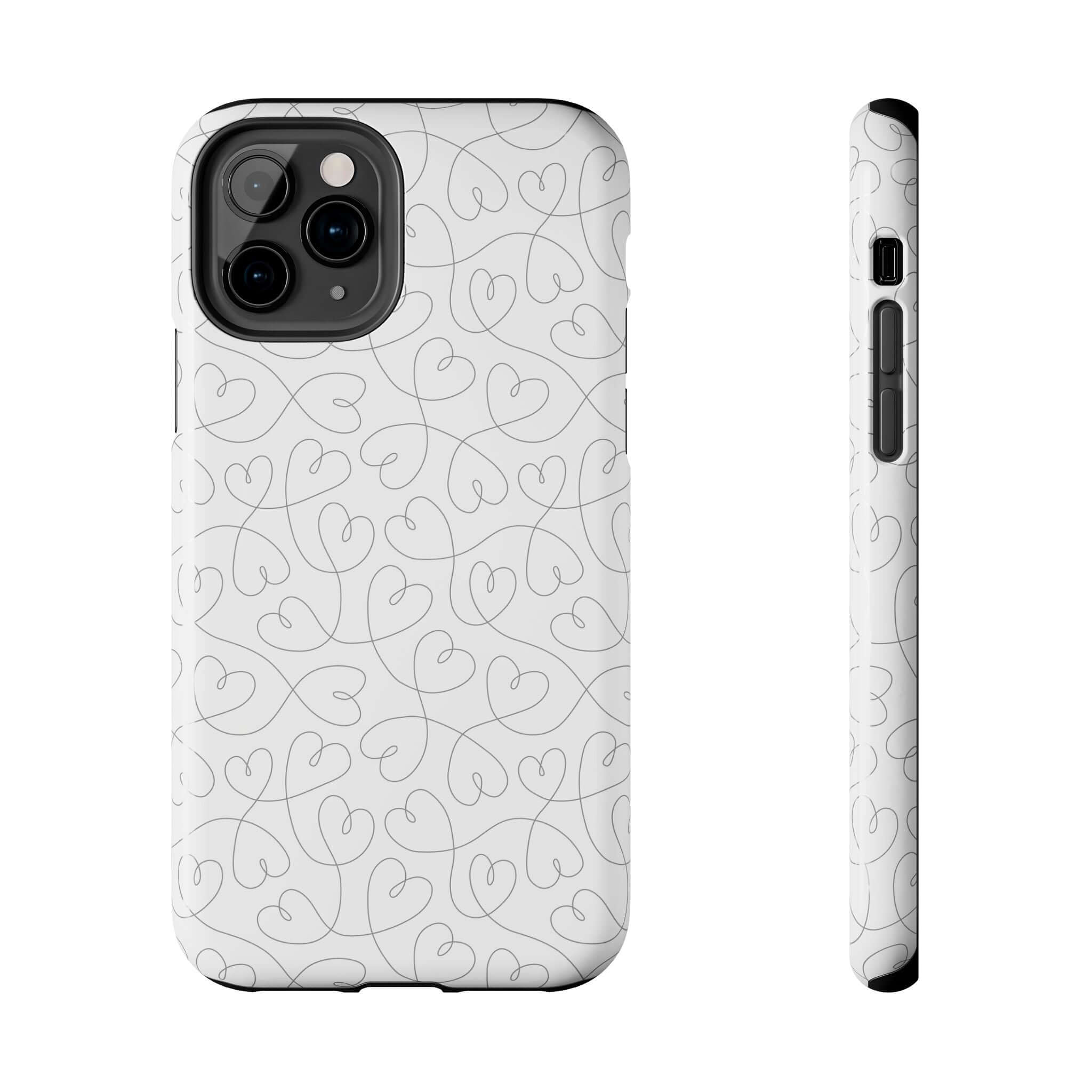 Silver Hearts Romance abstract case for iPhone 14 Pro Max, perfect for brides and weddings. Cute phone case with silver background and heart design.