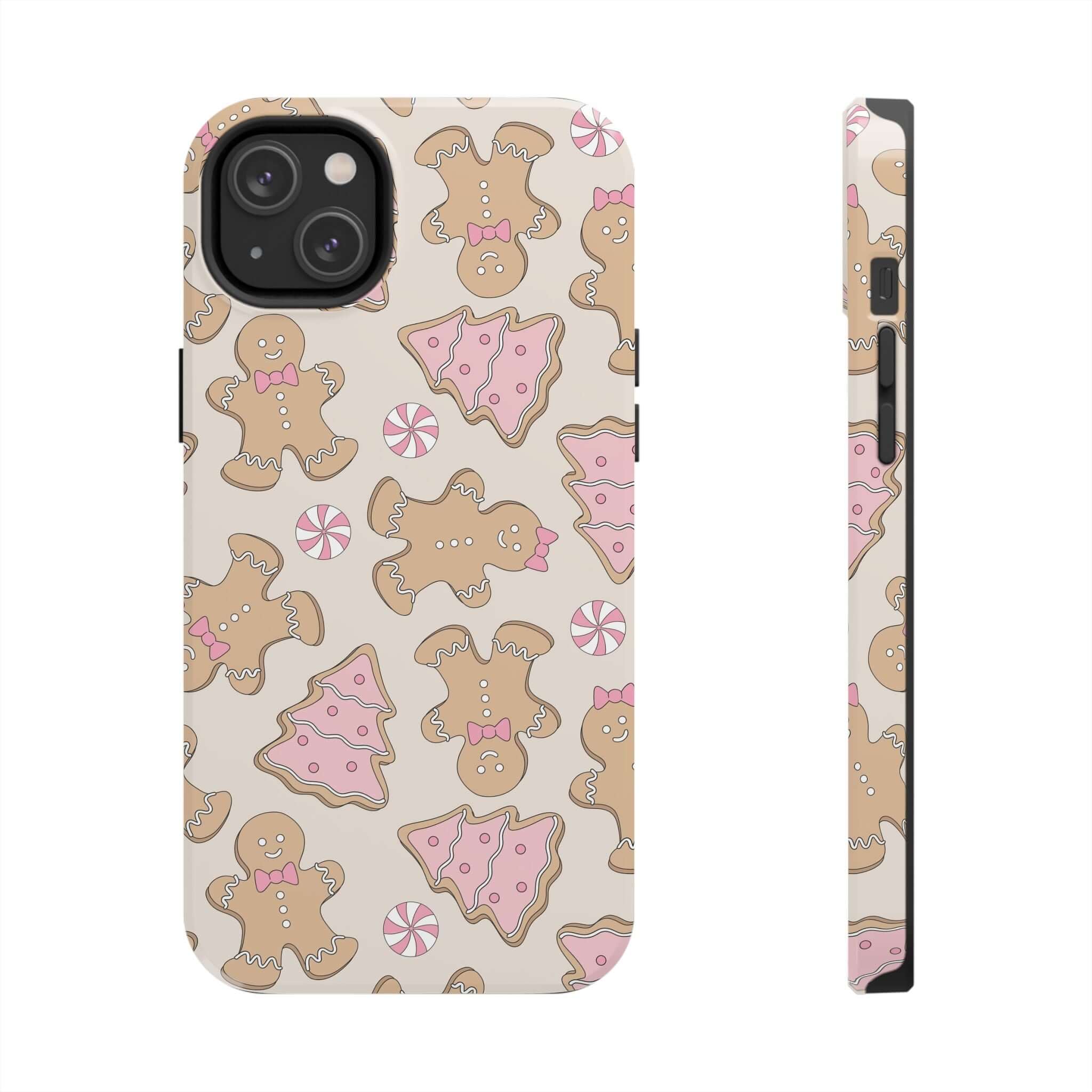 Cute gingerbread design on Christmas holiday phone case, colorful iPhone cover for festive protection and gifting.