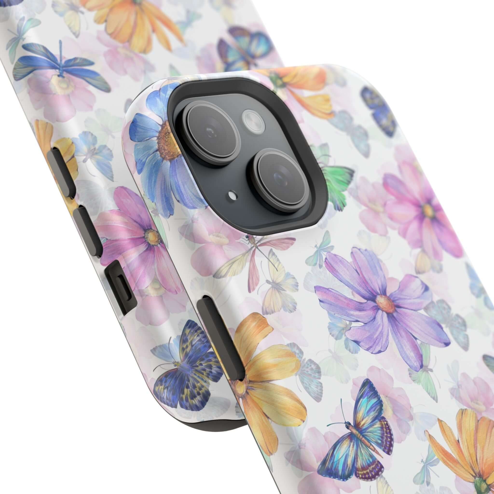 Cute MagSafe iPhone 16 case with watercolor butterfly and flower design, protective and stylish phone case for a whimsical look.