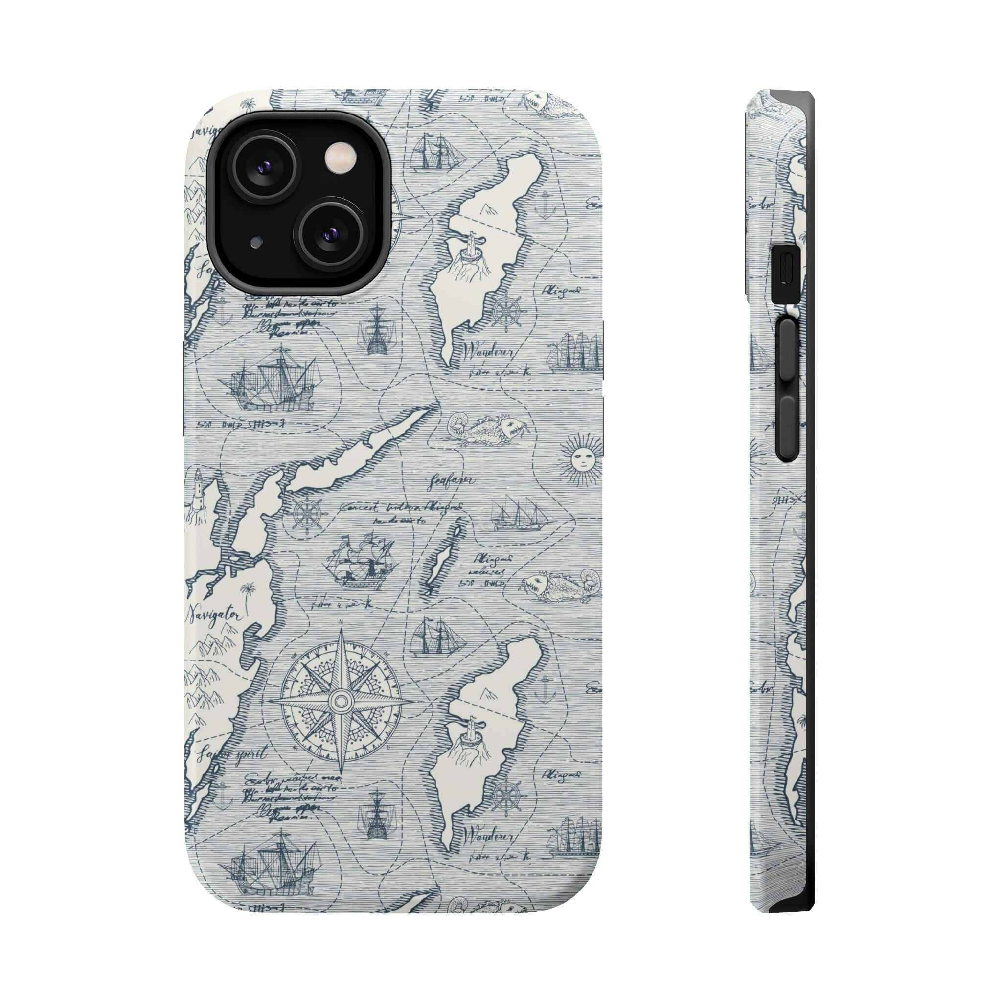 Teal Pirates Passageway phone case with nautical map design for iPhone 14 Pro Max, features MagSafe technology for seamless use.