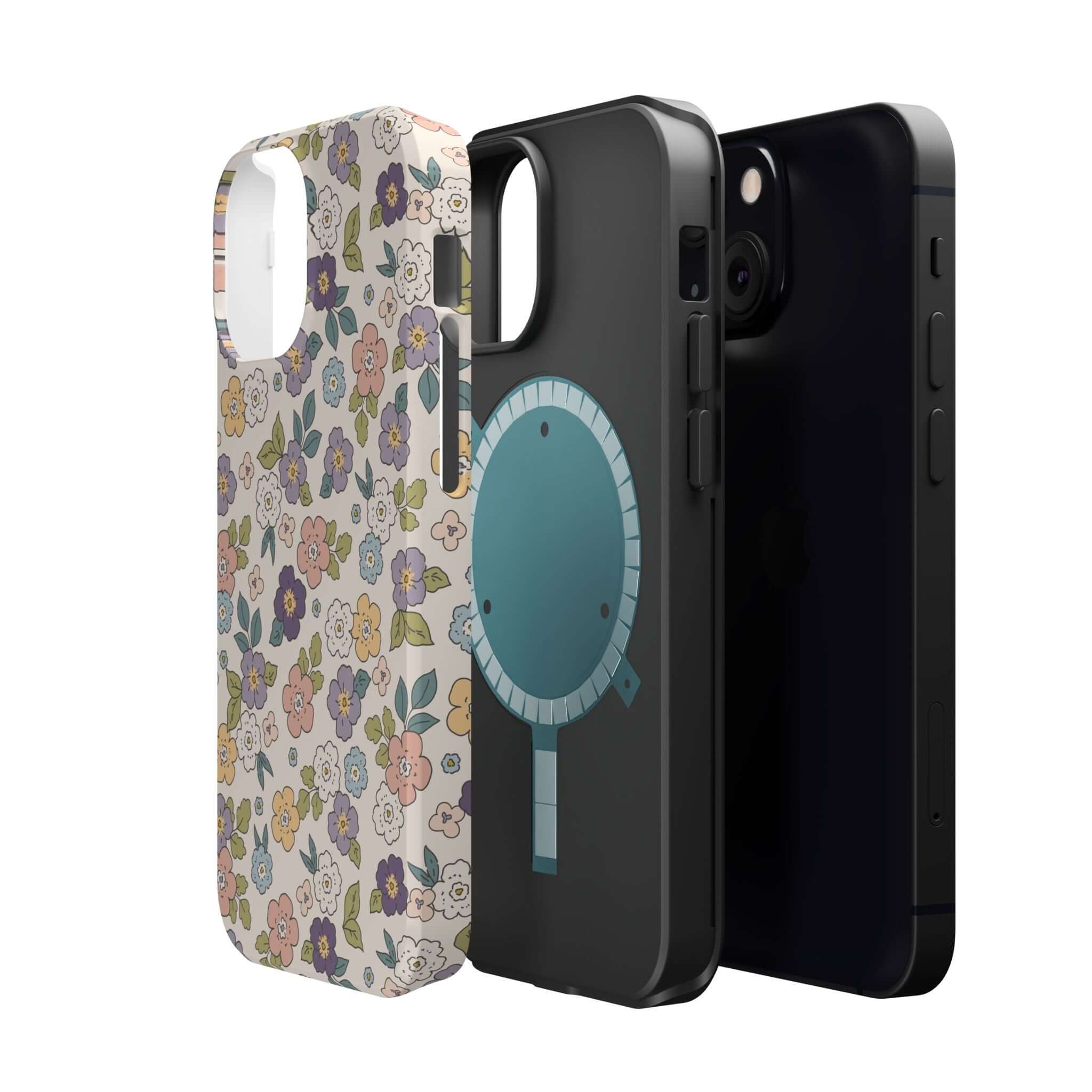 Colorful Ditsy Daisies iPhone case alongside two stylish phone covers, showcasing cute designs and MagSafe compatibility.