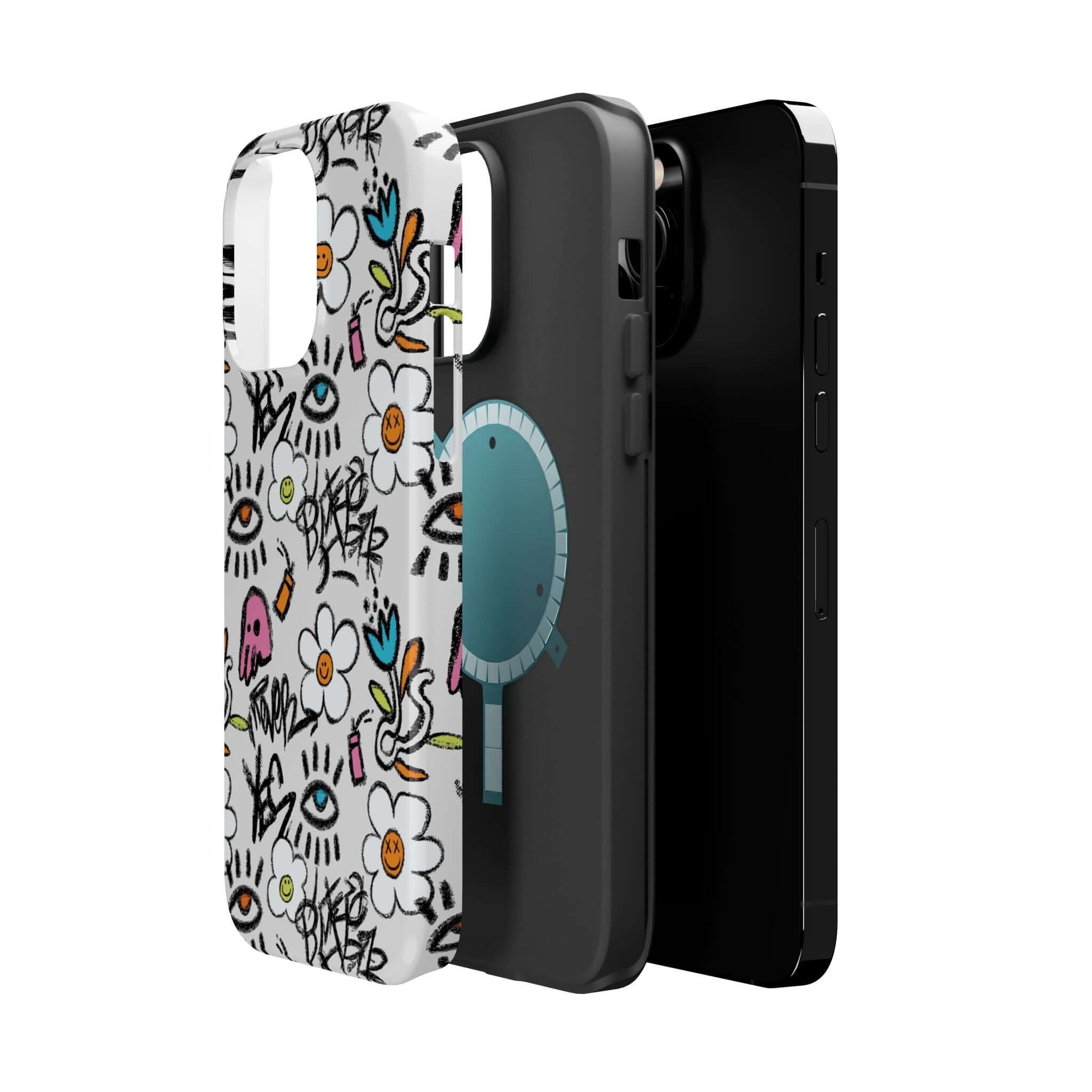 Cute phone cover featuring vibrant floral graffiti design and playful graphics, perfect for iPhone protection.