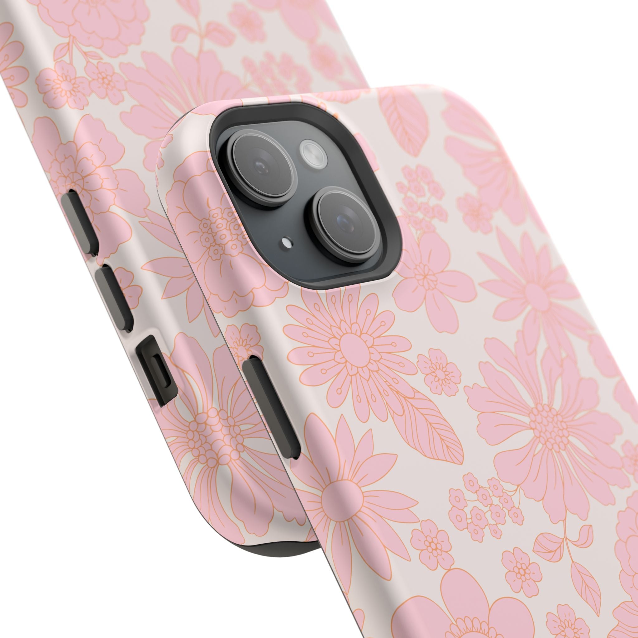 Pink floral iPhone 16 case with cottagecore design, perfect for a cute phone cover and MagSafe protection.