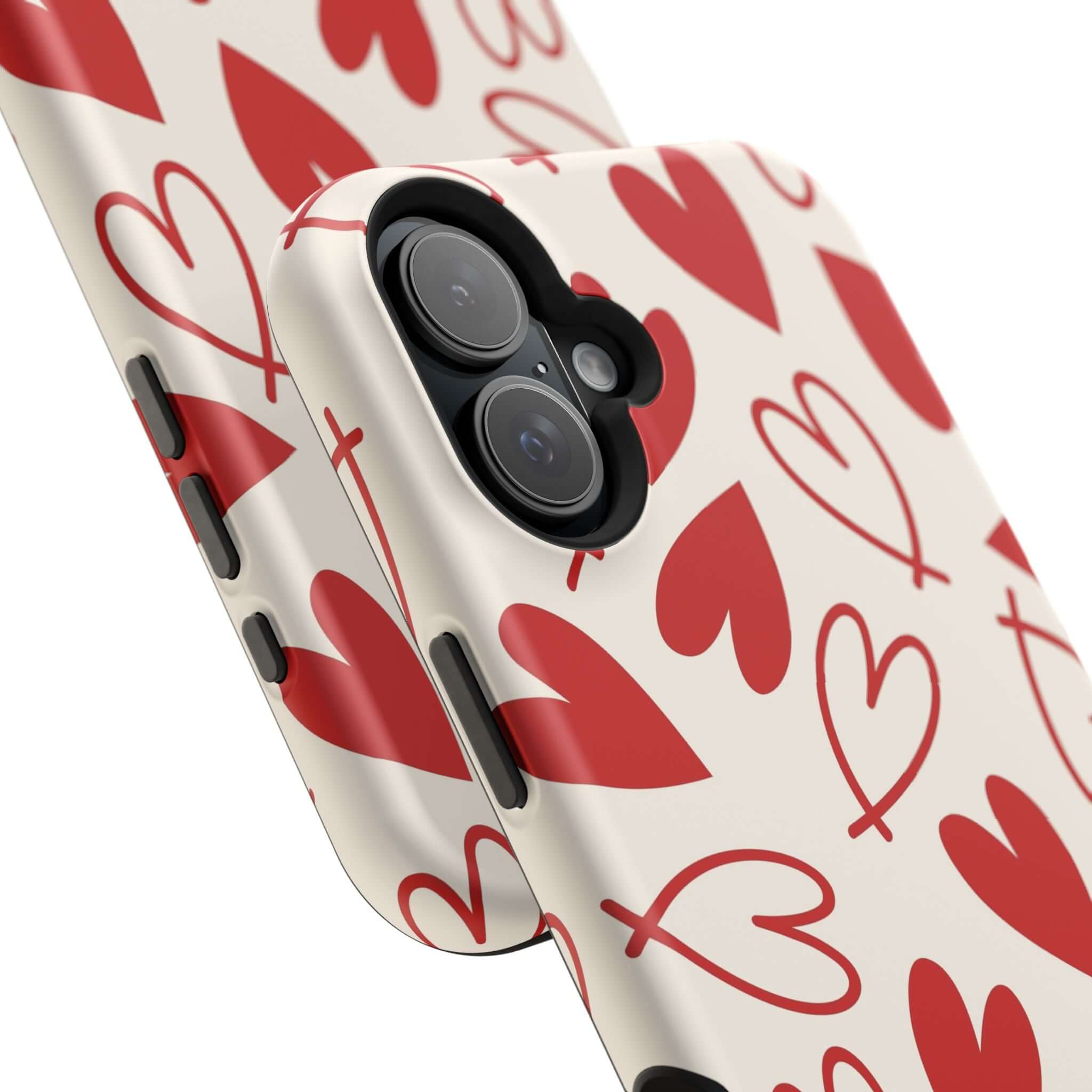 Cute phone cover with red hearts design for iPhone, Be Mine case phone case, playful and fun accessory.