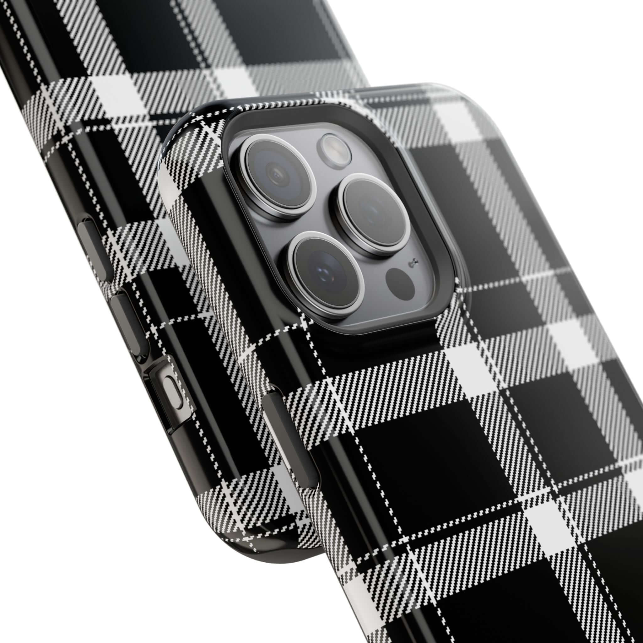 Stylish black plaid phone case for Apple iPhone, combining fashion and protection in a cute design. Perfect for trendsetters!