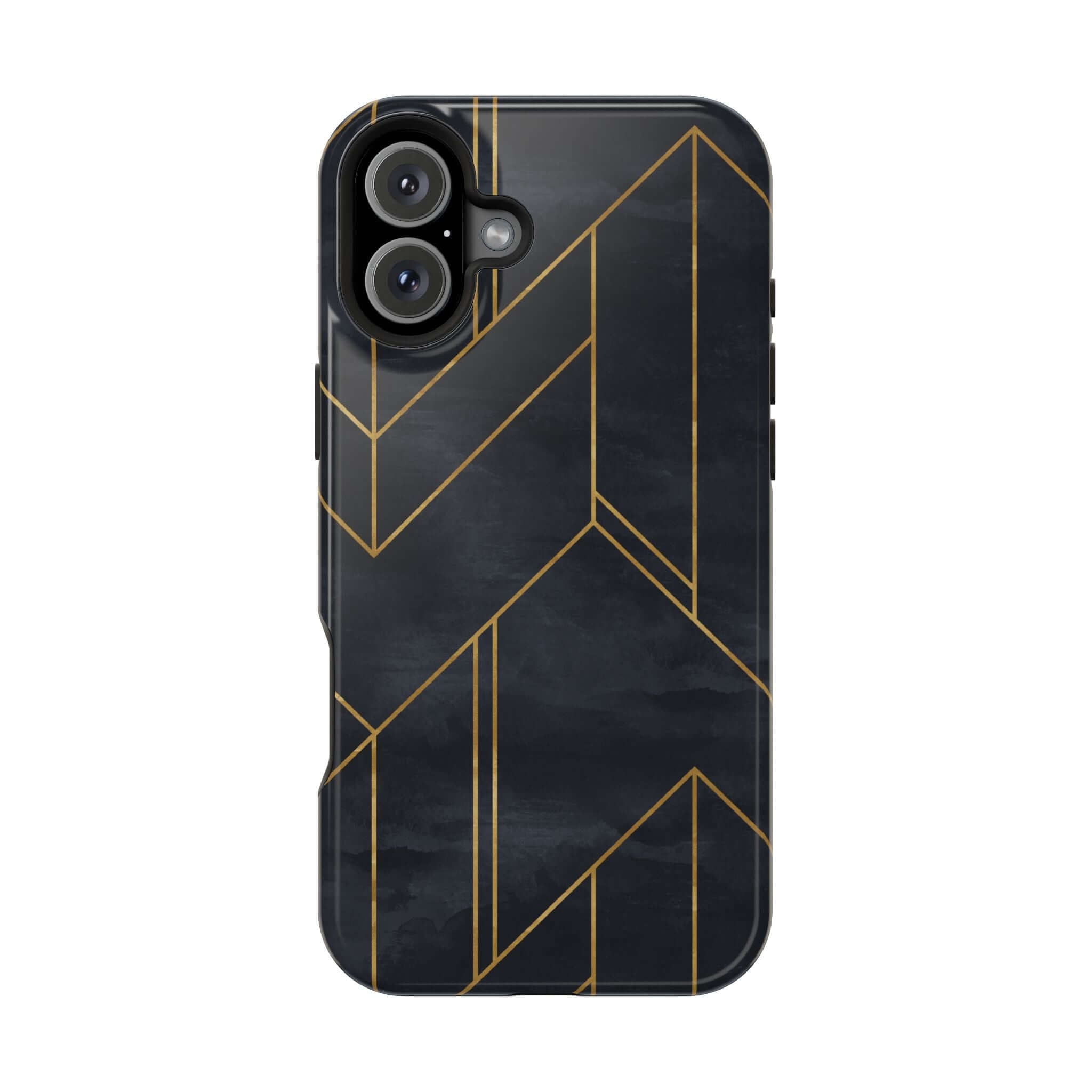 Modern geometric iPhone case, abstract design with sleek black and gold lines, colorful and cute urban style phone case.