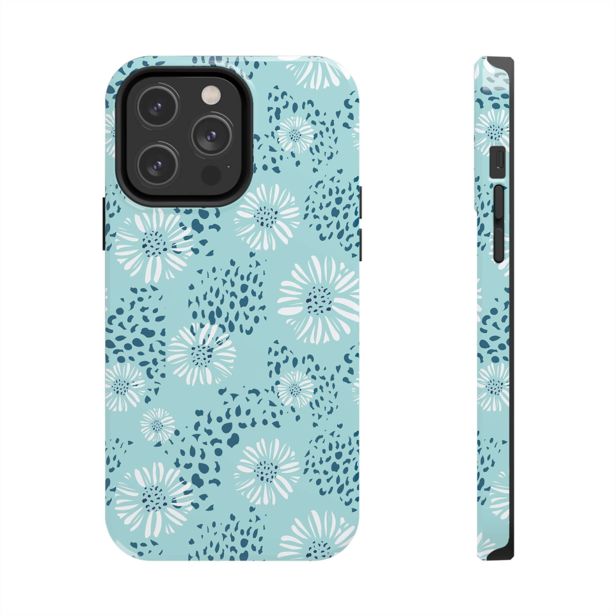 Coastal Aesthetics Floral Beach iPhone 14 Pro Max case with teal design and white flowers, perfect for beach lovers. Cute and colorful phone case.