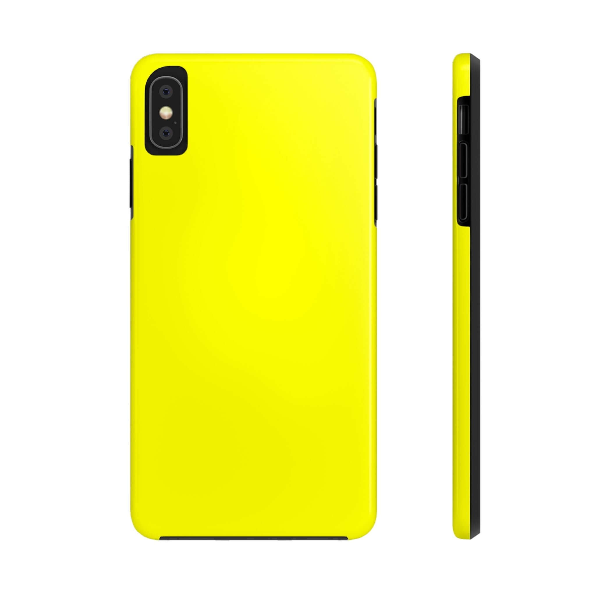 Neon yellow iPhone case called Solar Flare, showcasing front and side views. Find cute phone cases with free shipping on our website.