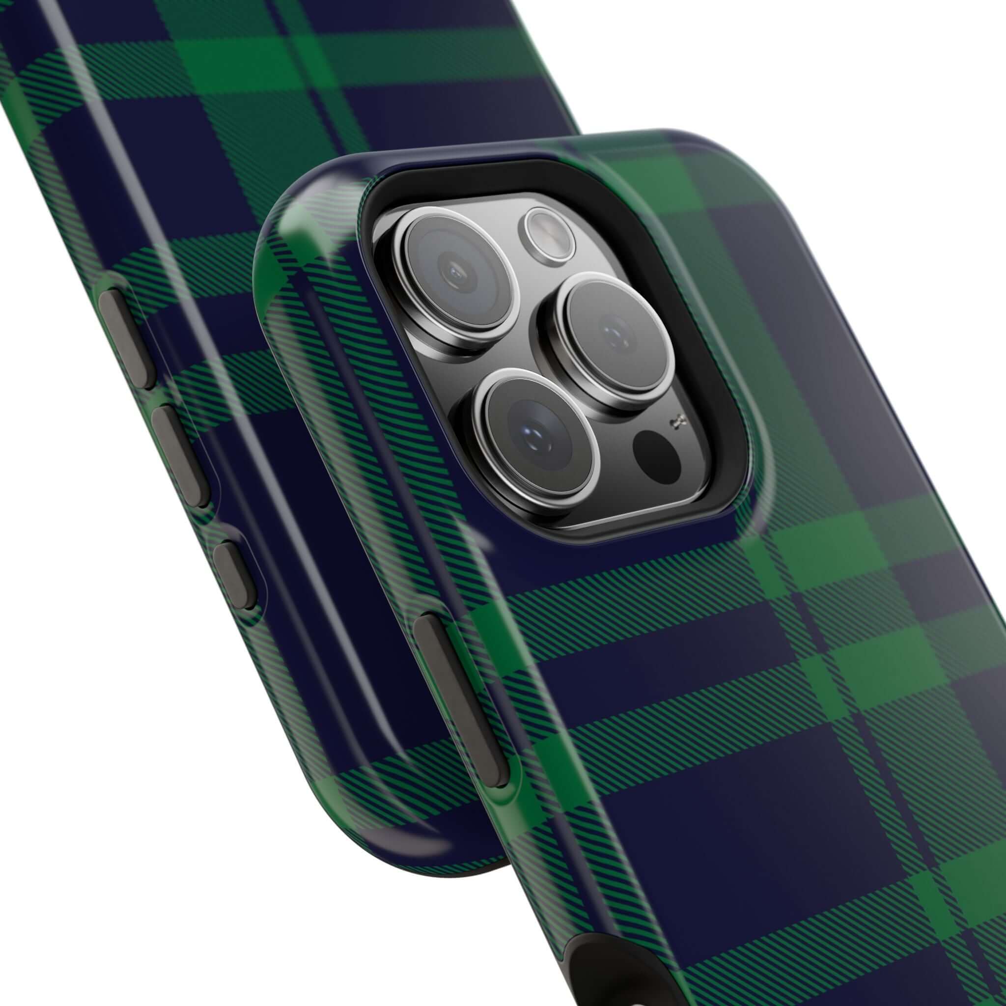 Cute Mistletoe Plaid MagSafe case for iPhone, featuring a festive green and navy plaid design. Perfect holiday phone cover!